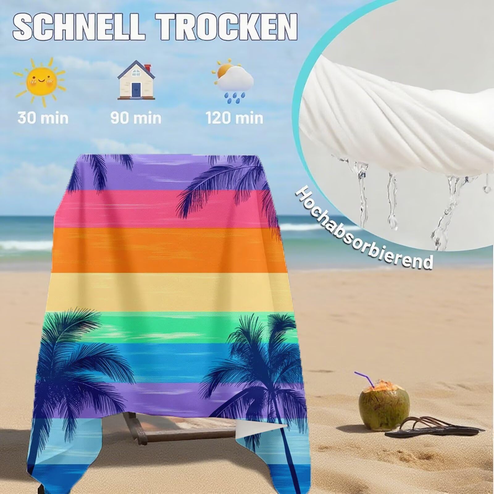 Serviette de Plage XXL 100x200 cm,Cocotier Serviette Plage Microfibre avec Séchage Rapide, Anti-Sable, Absorbante Fonction Design pour Vacances Piscine Pique-Nique Voyages Yoga, Cadeau Femme Q-486