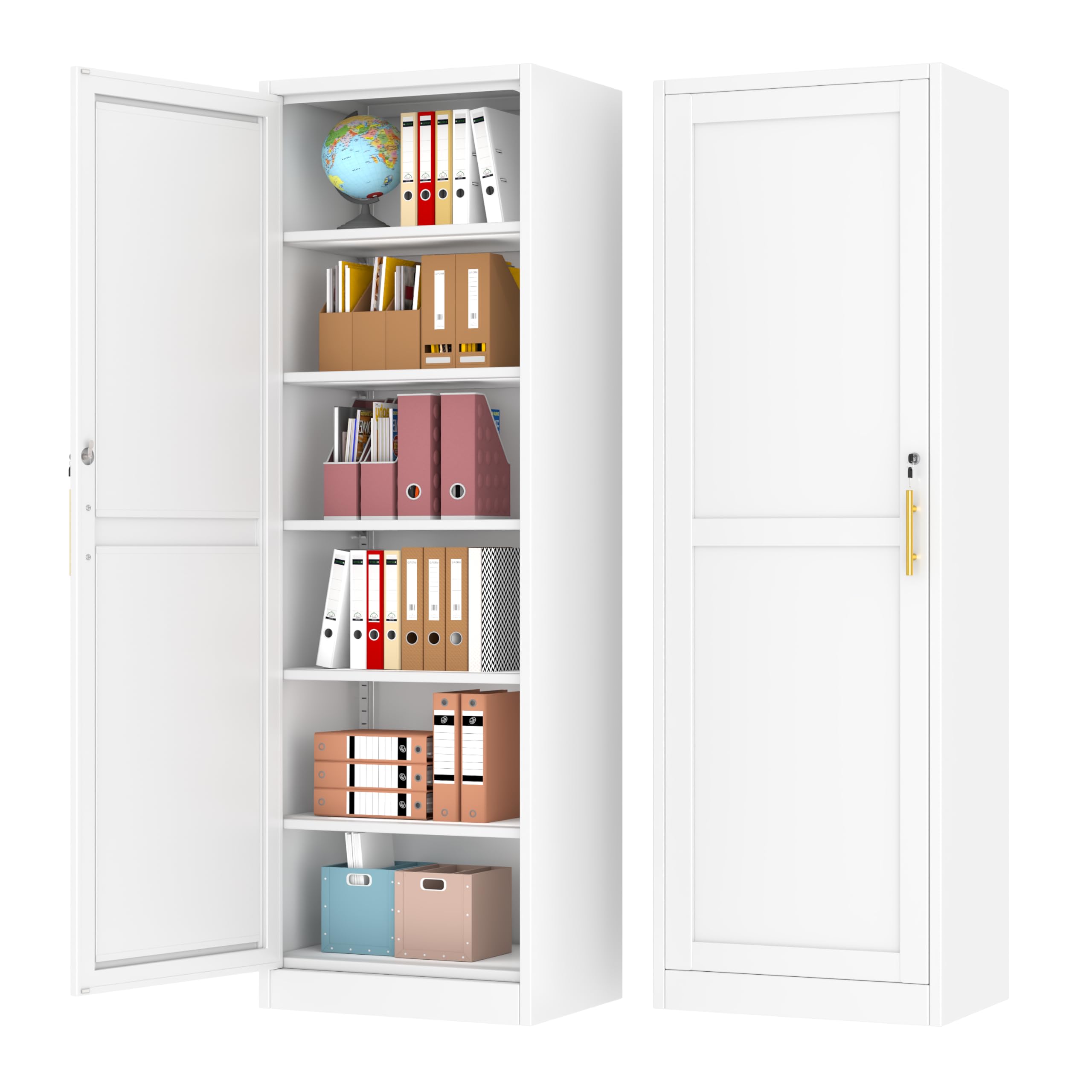 Tall Narrow Slim Metal Storage Cabinet with Lock and 5 Adjustable Shelves,Steel File Cabinets,Kitchen Pantry Cabinet Locker Organizer - 67" Storage Cabinets Bathroom,Bedroom,Office,White