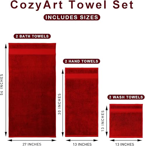 Miniatura 6 de COZYART Juego de 6 toallas de baño rojas, de lujo, 100% algodón turco de 22.16 ozm, calidad de hotel, suaves, absorbentes, juegos de toallas para