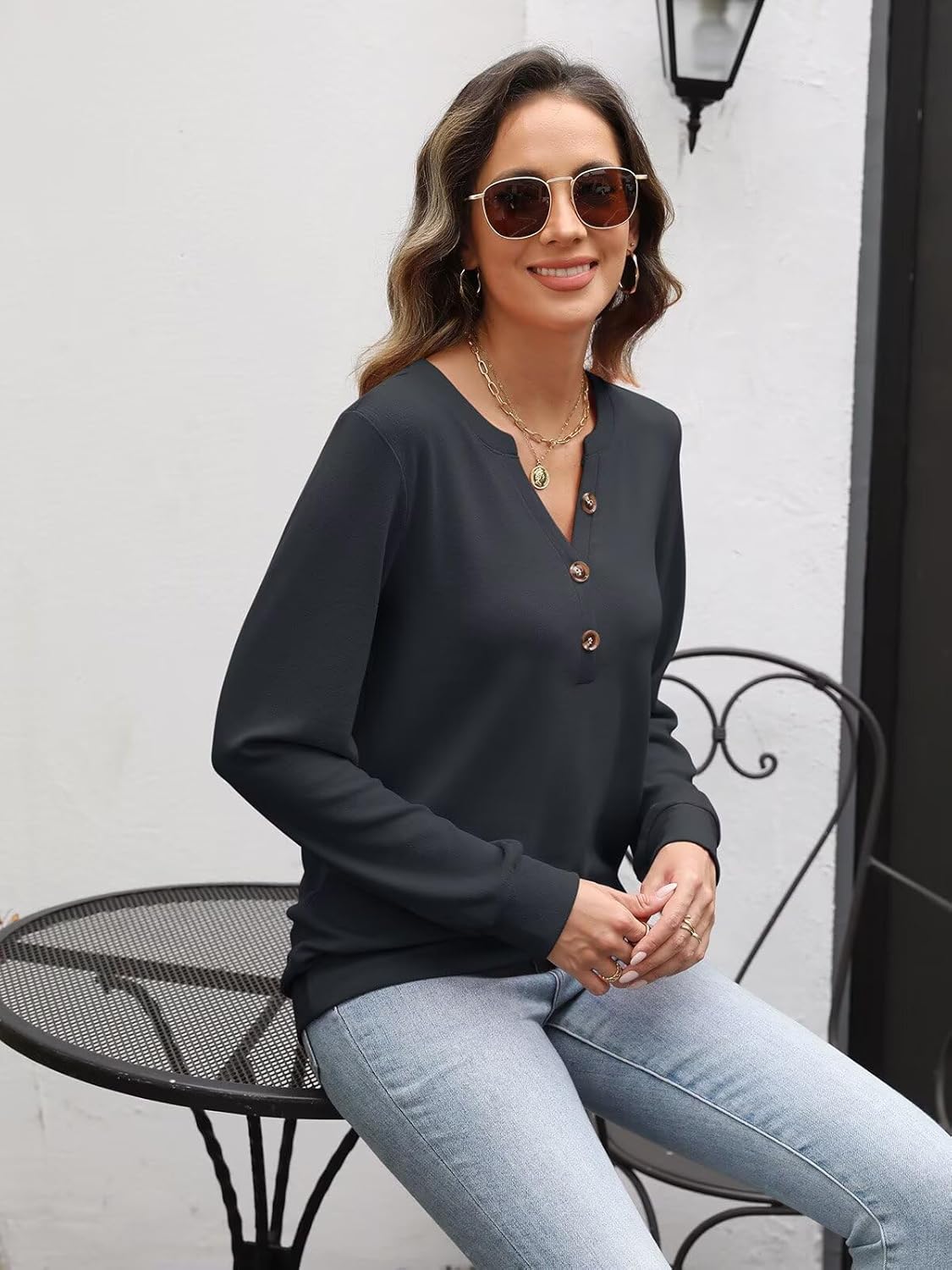 EADINVE Womens V Neck Long Sleeve Sweatshirts Half Button Lightweight Pullover Fashion Fall Clothes - Image 5