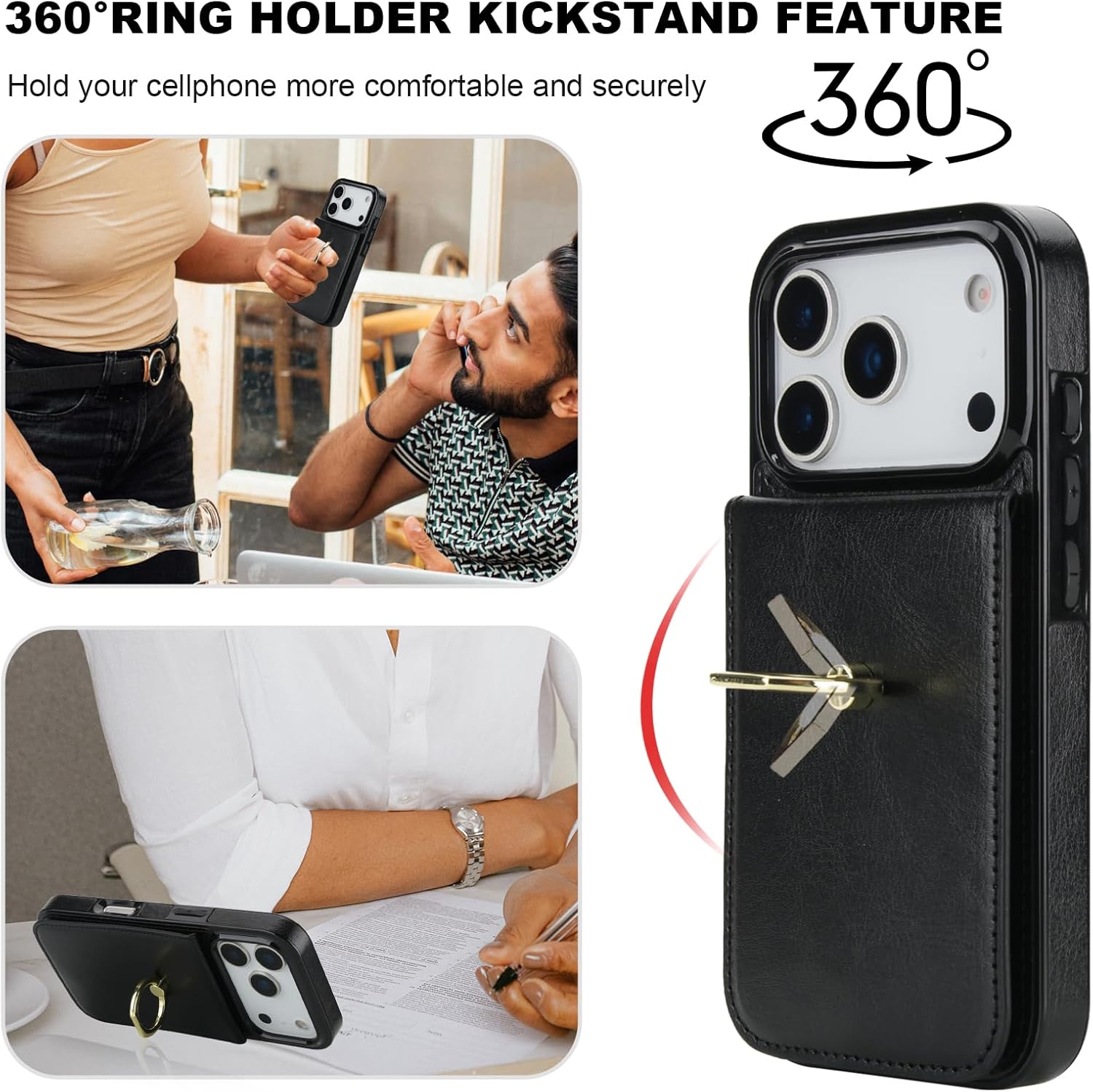 KIHUWEY for iPhone 17 Pro Case Wallet with Credit Card Holder, 360° Rotation Ring PU Leather Magnetic Clasp Kickstand Heavy Duty Protective Cover for Women and Men 6.3 Inch (Black) - Image 4