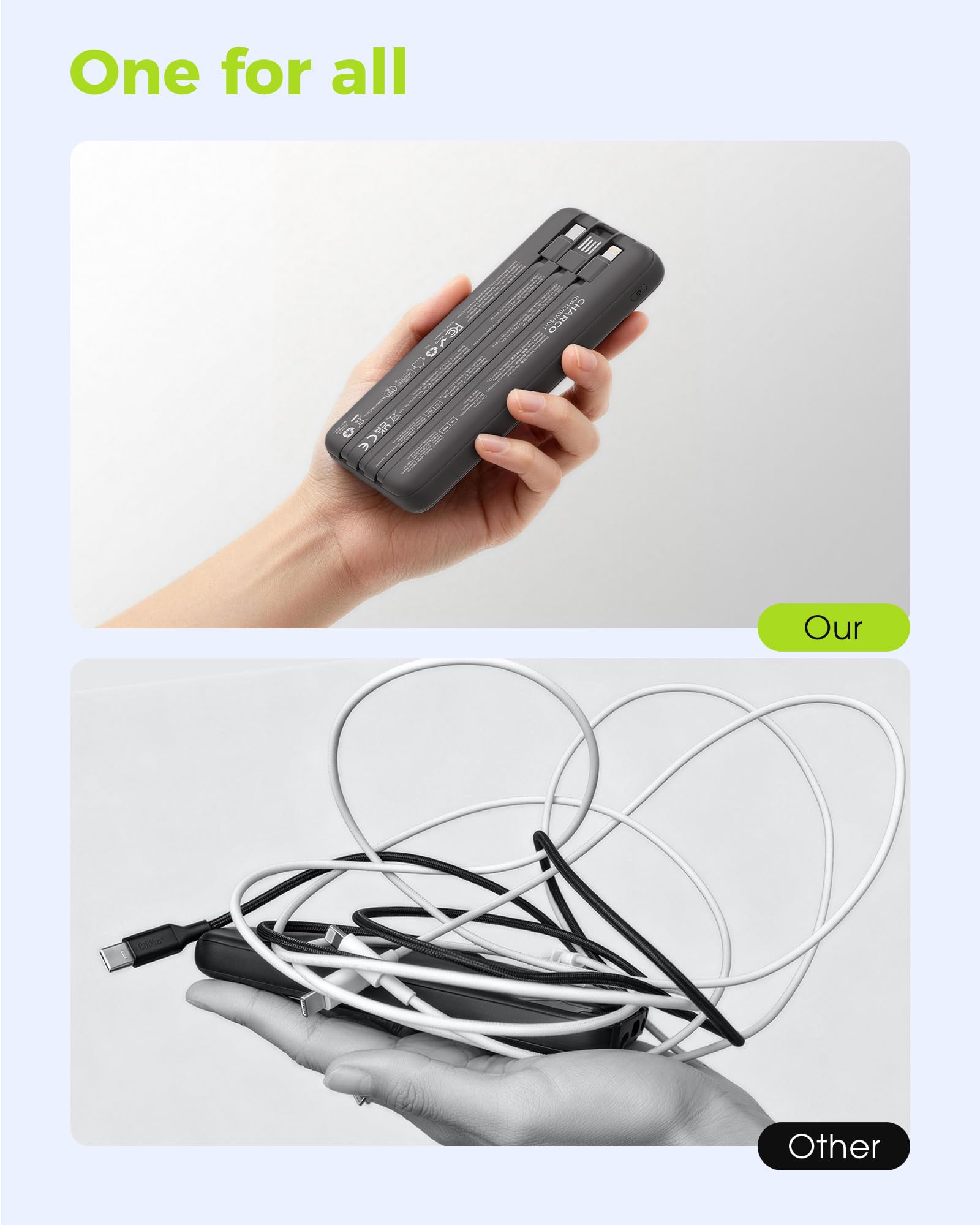 CHARCO Banca portatile di potere del caricatore con costruito nel cavo 10000mAh | Ricarica rapida da 20 W, ultra sottile, dimensioni compatte, essenziali da viaggio per iPhone 17/16/15, Samsung, tablet, nero