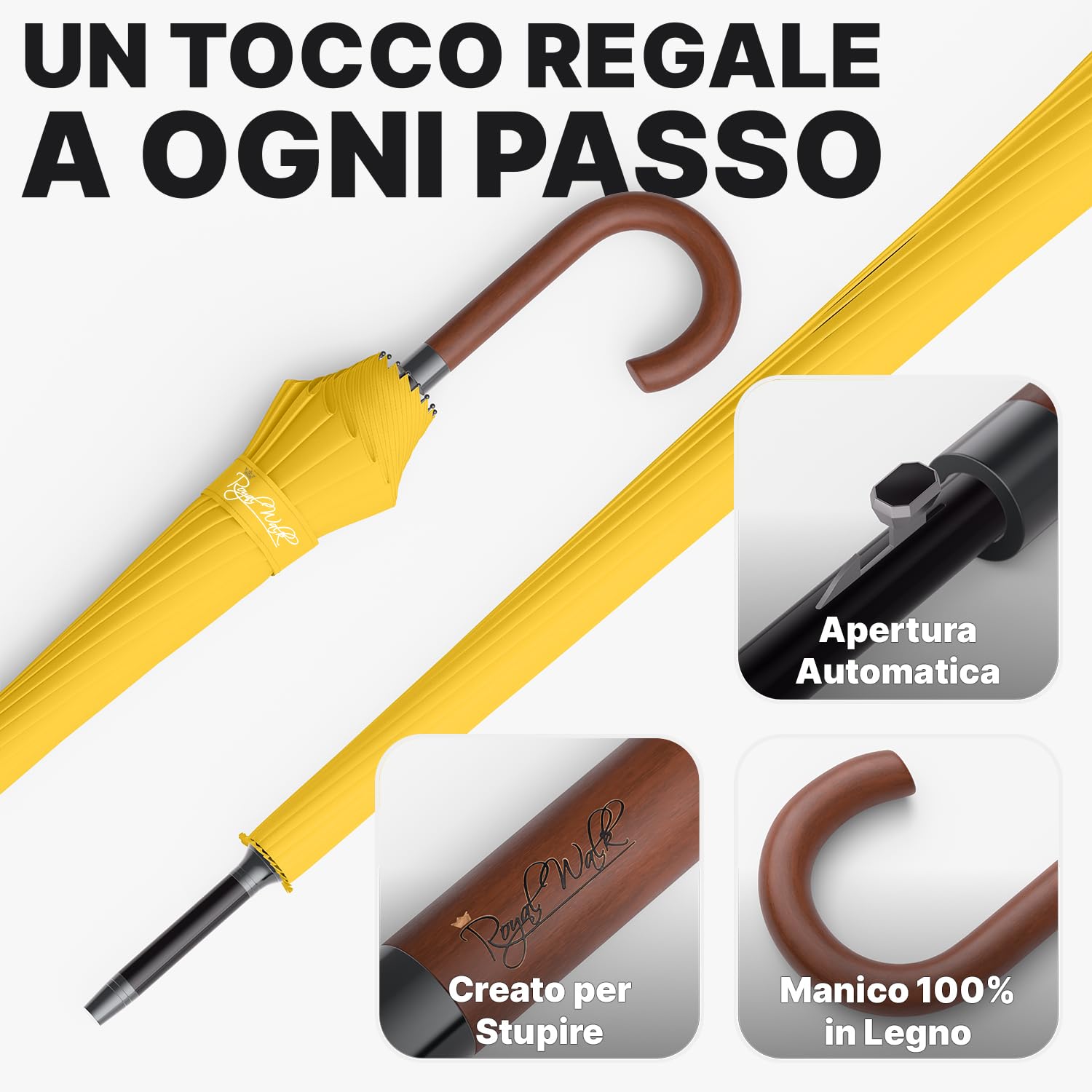 Royal Walk Ombrello Pioggia Antivento Grande 54 Pollici Ombrello Portatile Automatico Aperto Per 2 Persone Uomo Di Legno Leggero Resistente 16 Costole Golf Da Viaggio Impermeabile Robusto 120cm Giallo