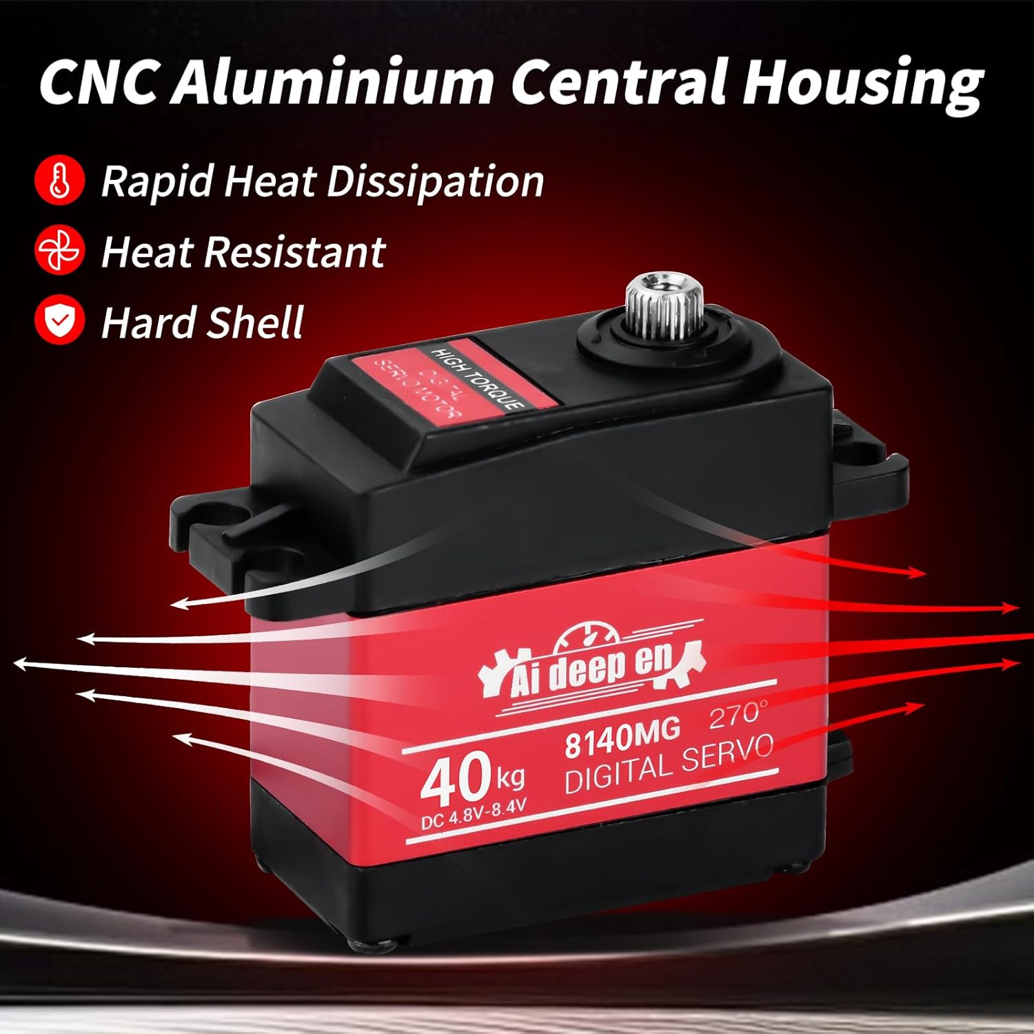 Aideepen 40KG servo with arrows indicating rapid heat dissipation from its CNC aluminum central housing, emphasizing its heat resistant and hard shell properties.