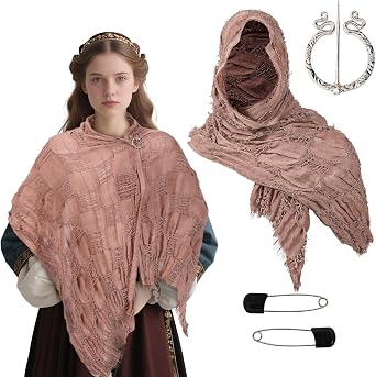 Medieval Scarf Dune Costume Cowl Cloak Renaissance Shawl with Viking Brooch for Halloween Cosplay