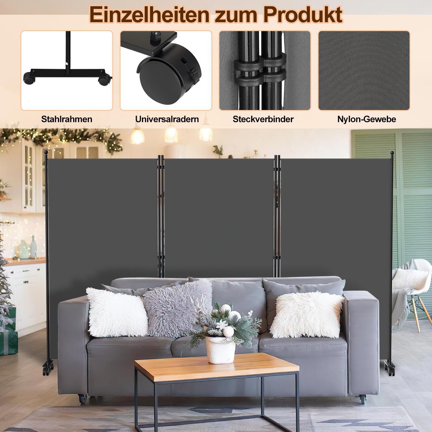 Paravent auf Rollen 263x181cm - Raumteiler 3 Teilig Anthrazit für Büro, Eventbereich Indoor | Spanische Wand Mobile Trennwand (Anthrazit)