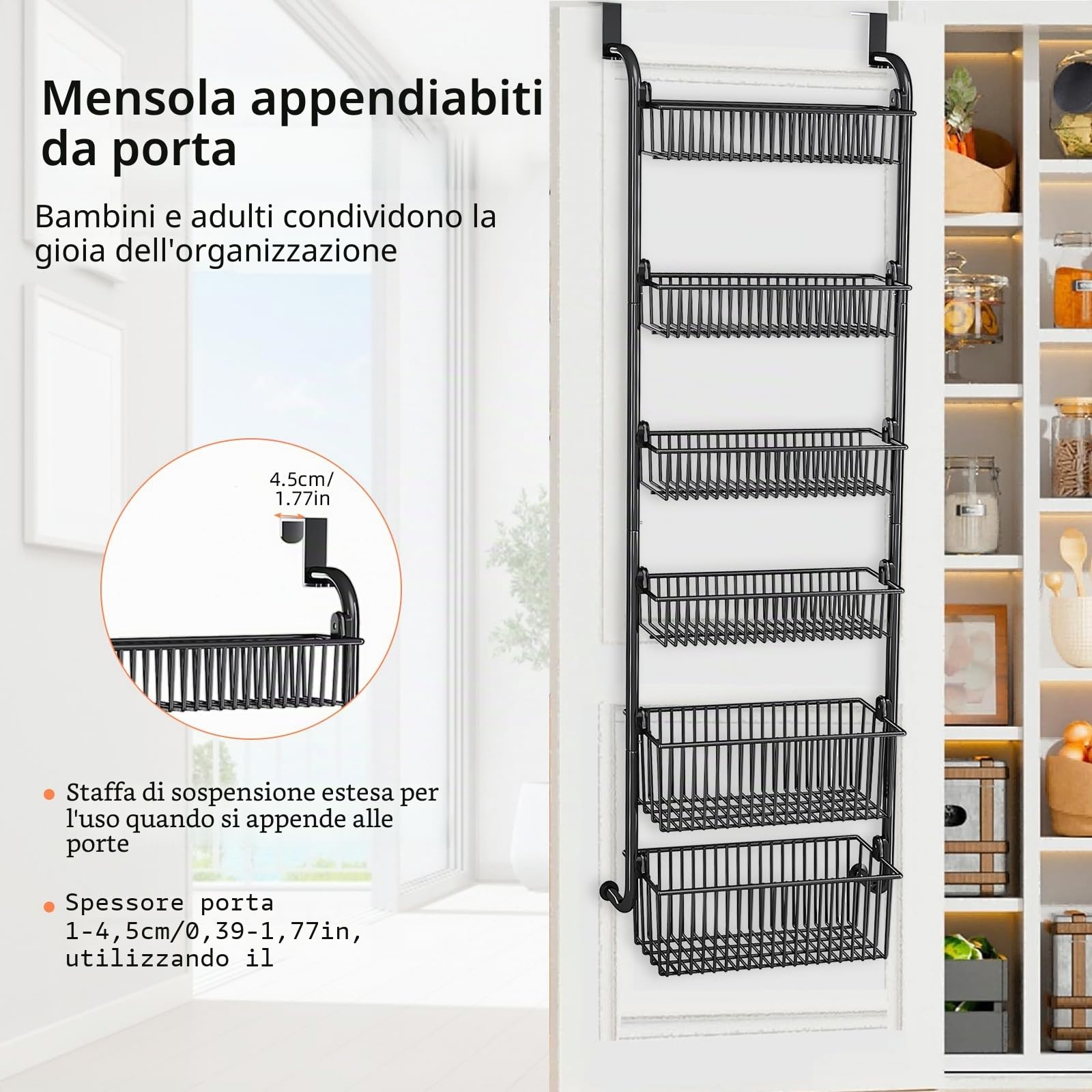 Organizzatore da appendere alla porta, organizer per spezie a 6 ripiani in metallo resistente per cucina - Organizer da appendere alla porta per cucina, bagno (Nero - 4 cestini piccoli + 2 grandi)