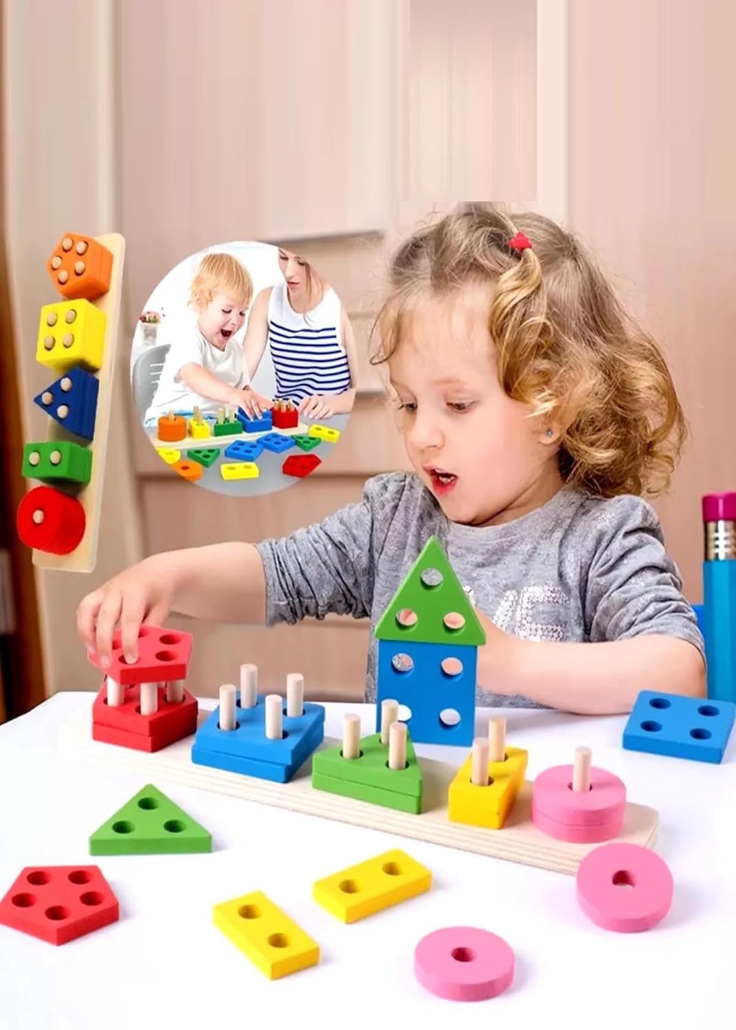 Hyd Ahşap Geometrik Şekiller Beşli Bultak Yapboz Puzzle Eğitici Oyuncak