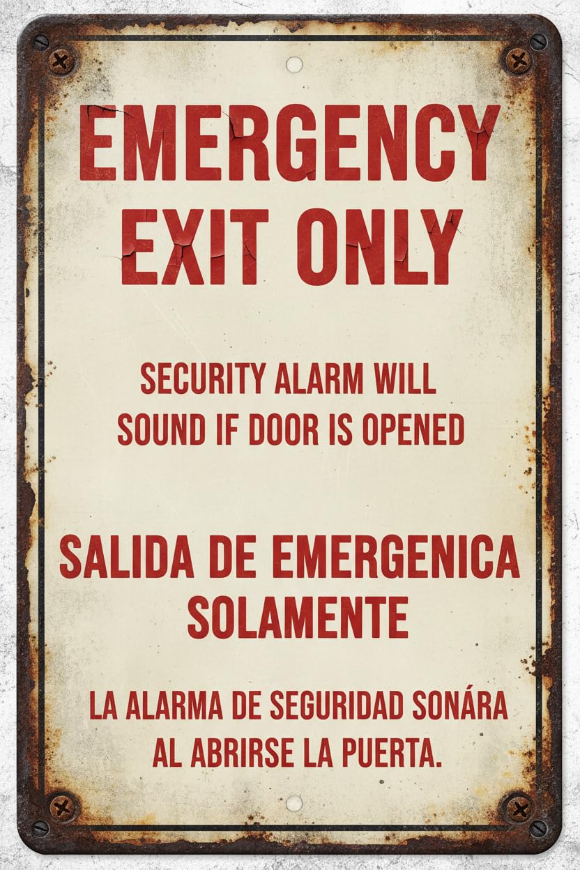 Wall Decor Bilingual Safety Sign, Emergency Exit Only, Security Alarm Will Sound If Door Is Opened Metal Sign 8 X 12 Inches Clear Signage For S, Fences Vintage Signs Aluminum Plates Printed
