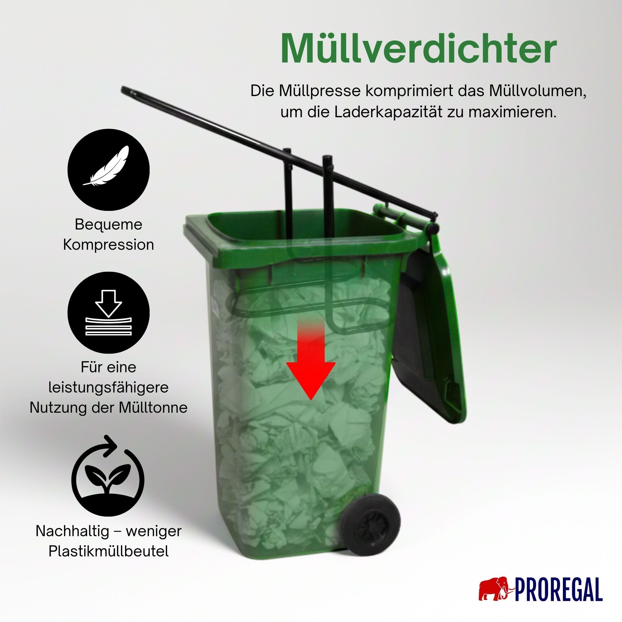PROREGAL Müllpresse Pressforce für Zuhause manuell, Müllverdichter für 60 bis 240 Liter Mülltonne, Hausmüllpresse aus Stahl, Abfallverdichter für Hausmüll, Abfallpresse für Restmüll & Papier