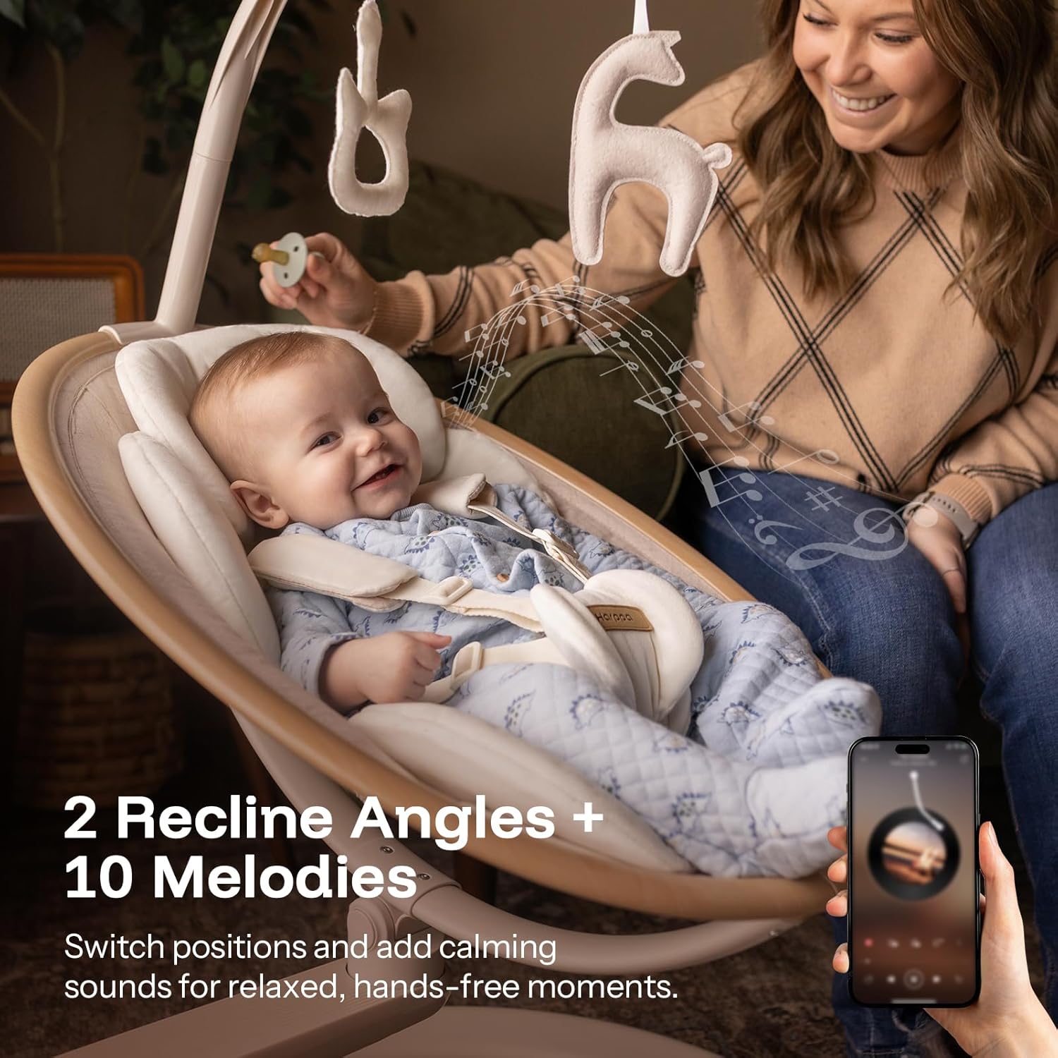 HARPPA Electric Baby Swings for Infants and Newborns, Baby Swing 5 Speeds and Remote Control 10 Built-in Melodies, 2 Seat Positions & 180° Rotation for Indoor Use, Beige