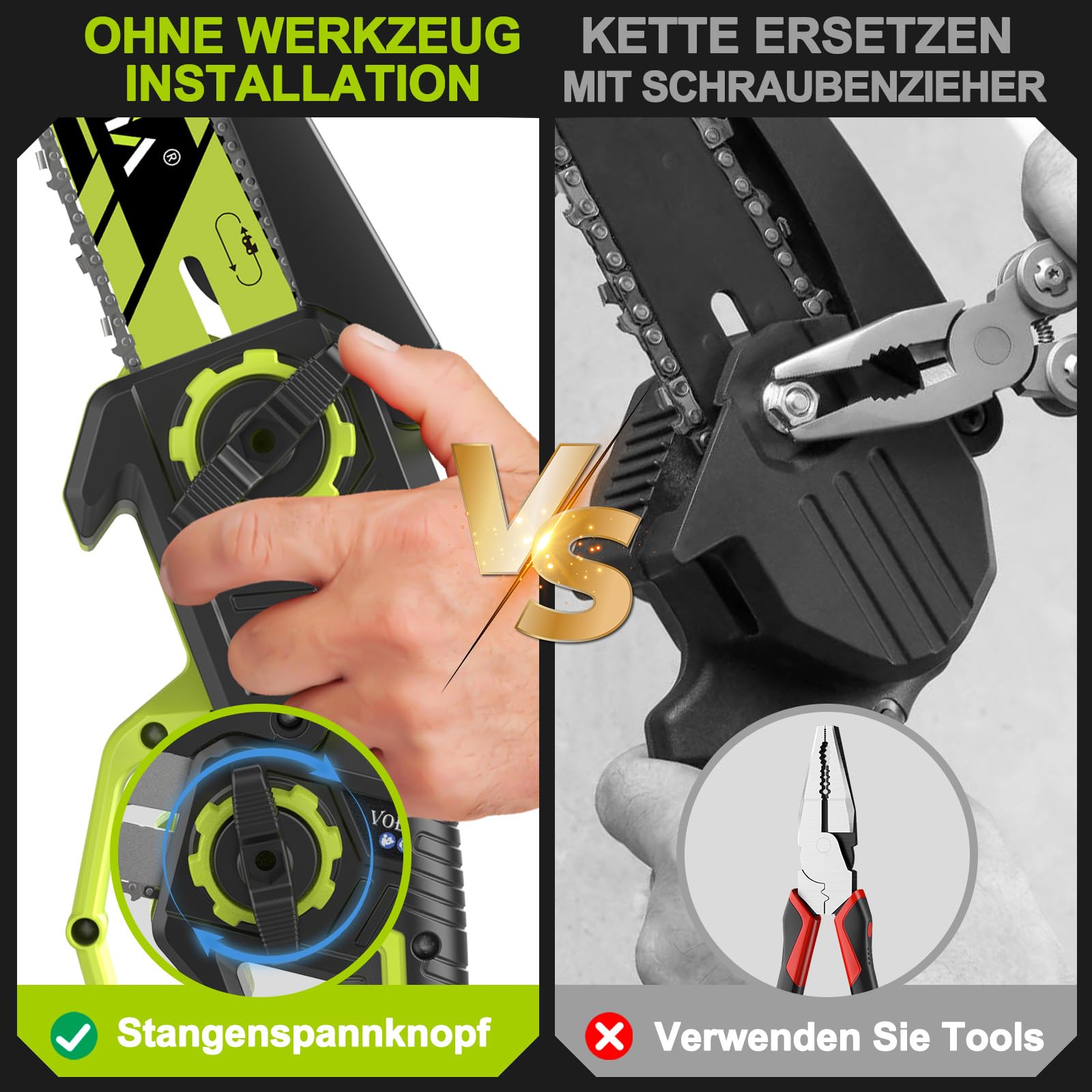 VOERJIA Akku Kettensäge 21V, Mini Kettensäge 6 & 8 Zoll mit automatischer Kettenschmierung, 2x 4.0Ah Akku, bürstenloser Motor, Handkettensäge für Baumschnitt, Garten & Holzarbeiten