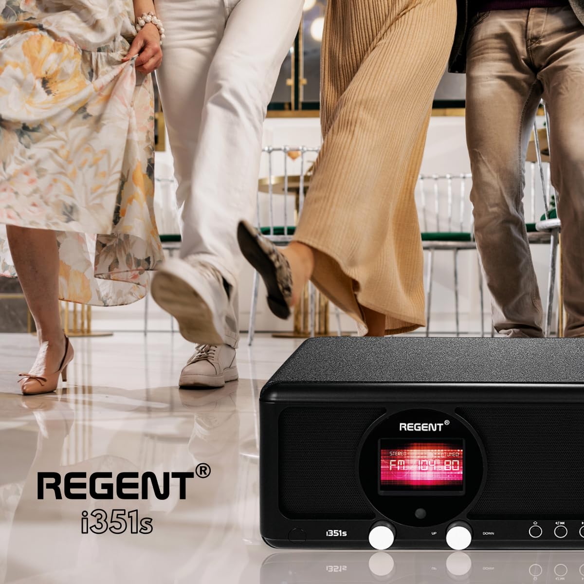 REGENT i351s Głośnik Spotify Connect DAB+ WI-FI Radio internetowe Hi-Fi Bluetooth FM 20, podwójny alarm, aplikacja do zdalnego sterowania, unikalny nadajnik Bluetooth Two Way BT (Czarny)