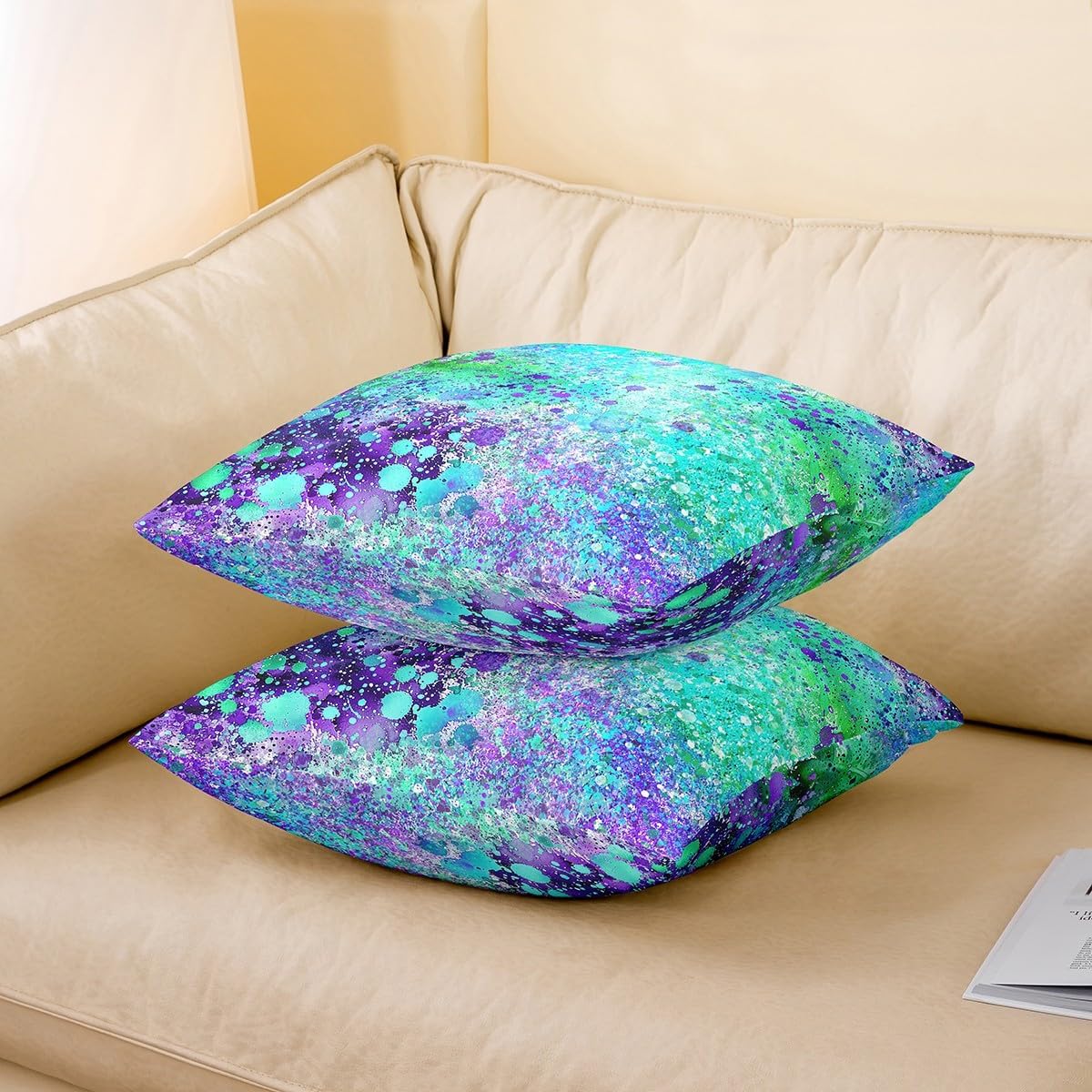 Feelyou Abstract Purple Teal Throw Pillow Covers, 1 Pcs, 24x24 Inches, Tie Dye Decorative Pillow Cover, Abstract Art Painting Pillow Cases, Modern Cushion Cover for Sofa Couch Bed Living Room