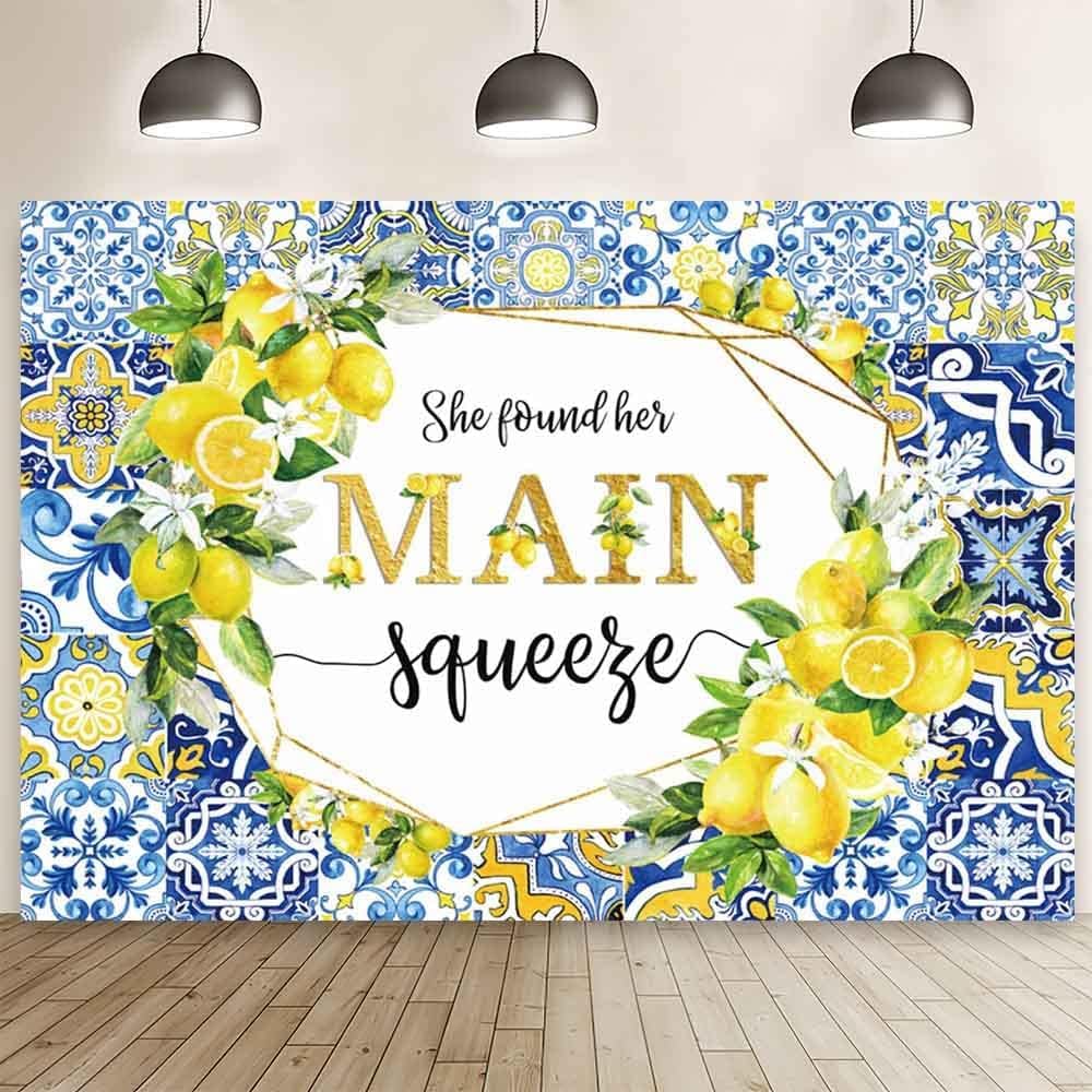 AIBIIN 5×3ft Lemon Bridal Shower Backdrop She Found Her Main Squeeze Engagement Party Photography Background Blue Tile Floral Print Decoration Bachelorette Bride to Be Wedding Photoshoot Prop Prop