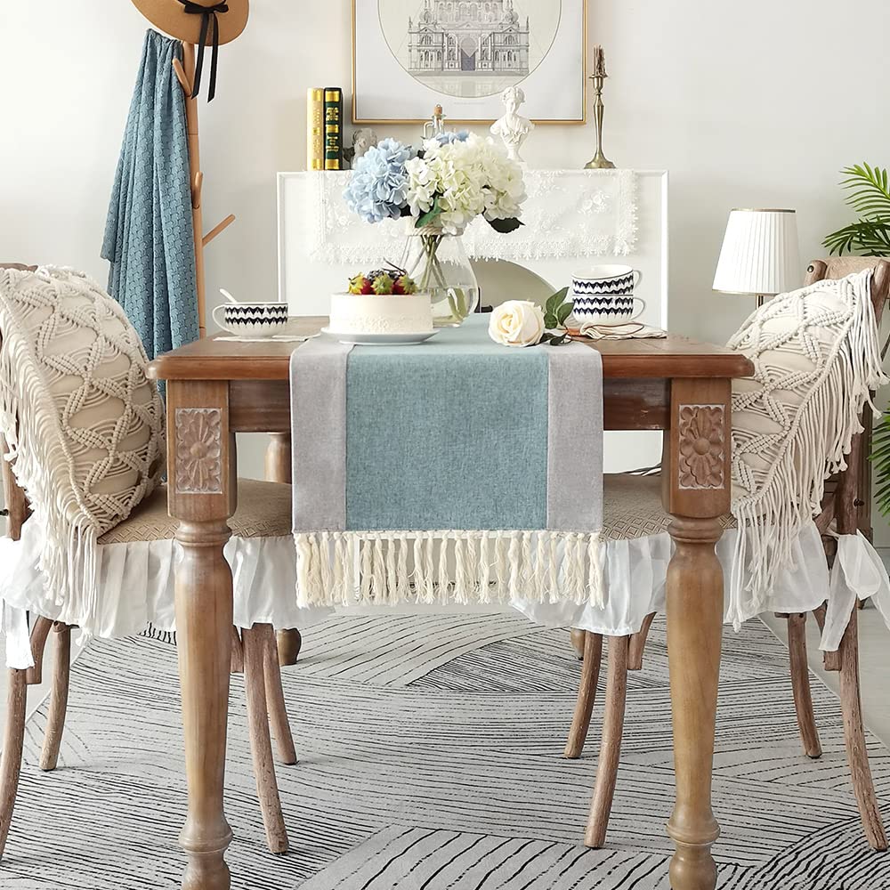 Splicing Table Runner Double Sided Farmhouse Simple Style Blue Gray Beige Brown Embroidery Decor for Home Kitchen Dining Party Outdoor (Blue+Gray, 40x120cm)