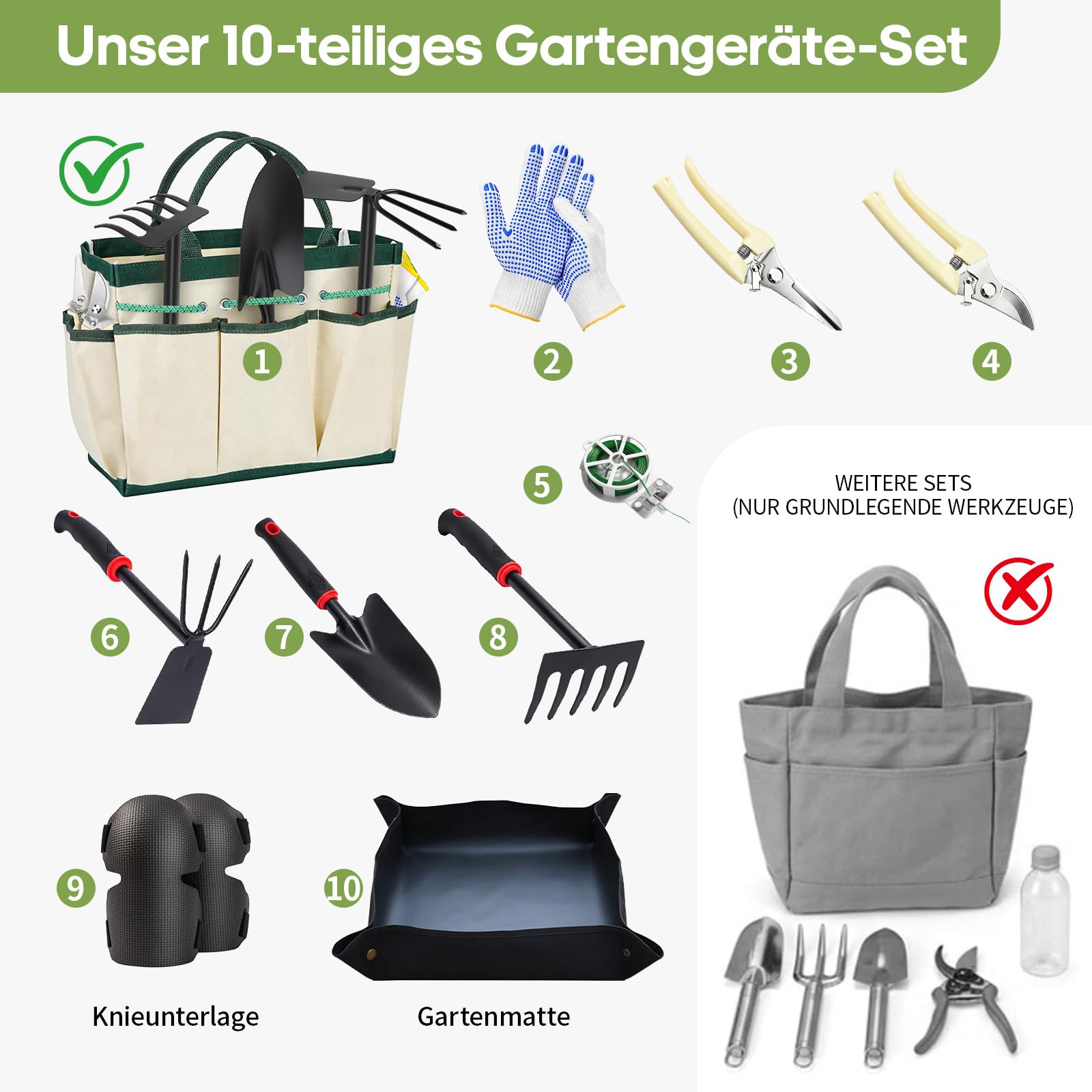 GPANDAG Gartenwerkzeug Set - 10 teilig Gartengeräte Set mit rutschfestem Griff, Gartenset zum Pflanzen, Pflegen, Gemüse