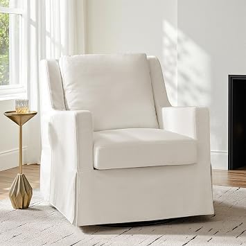 HULALA HOME Swivel Rocker Chair, Farmhouse Swivel Rocking Accent Chair with Washable Slipcover, Fabric Upholstered Barrel Armchair with Down Filled Cushions, Ivory