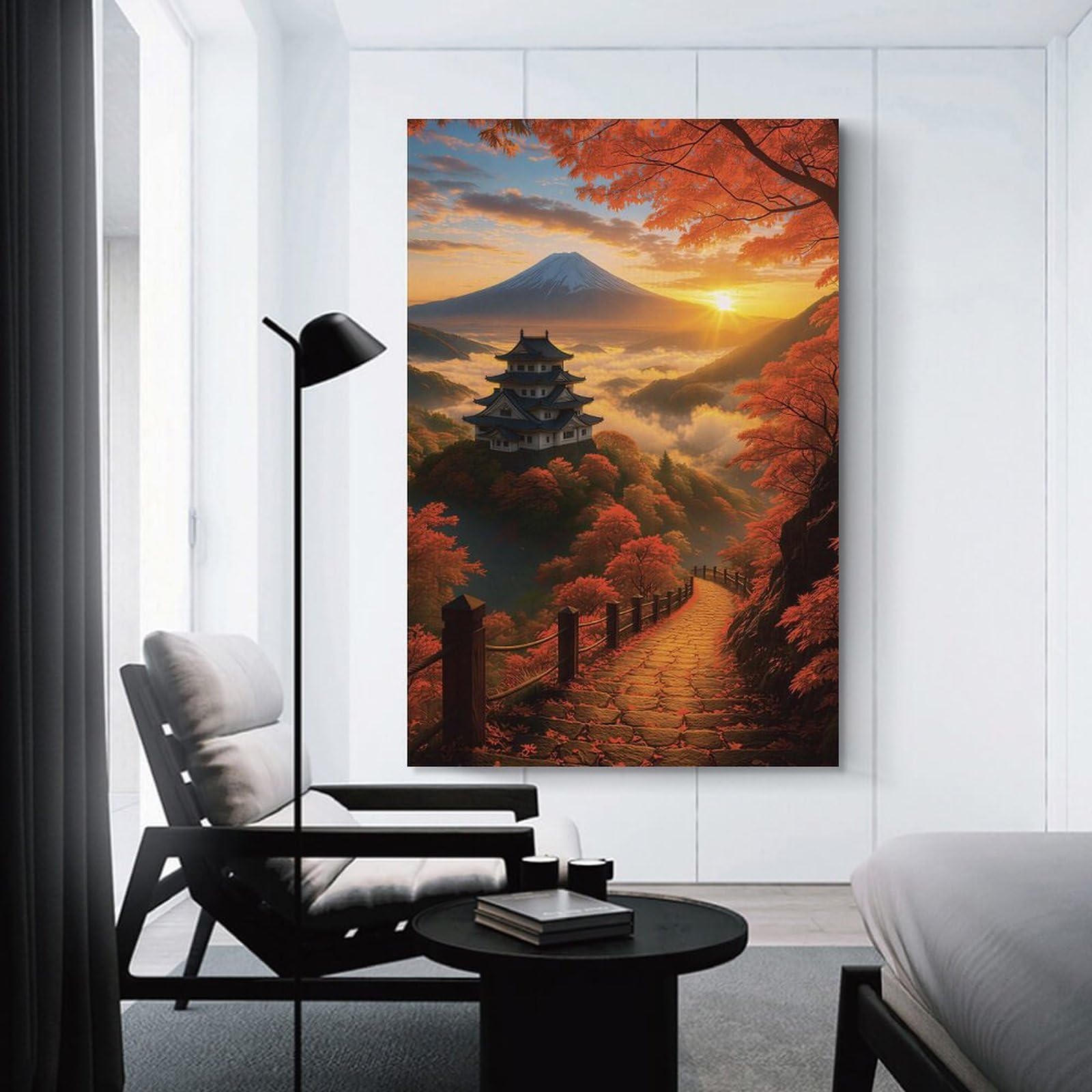 Junmoney Home Decor Wall Art Mount Fuji And Japanese Castle at Sunset, 16x24inch(40x60cm), for Workspace Walls, Study Corners Or Bedrooms, A Smart Decor Choice for Study Walls
