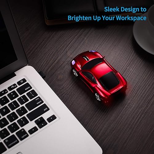 Miniatura 3 de Ratón de computadora de coche deportivo actualizado con faros LED, 1600 DPI 2.4 GHz ratón inalámbrico para PC y Mac, rojo