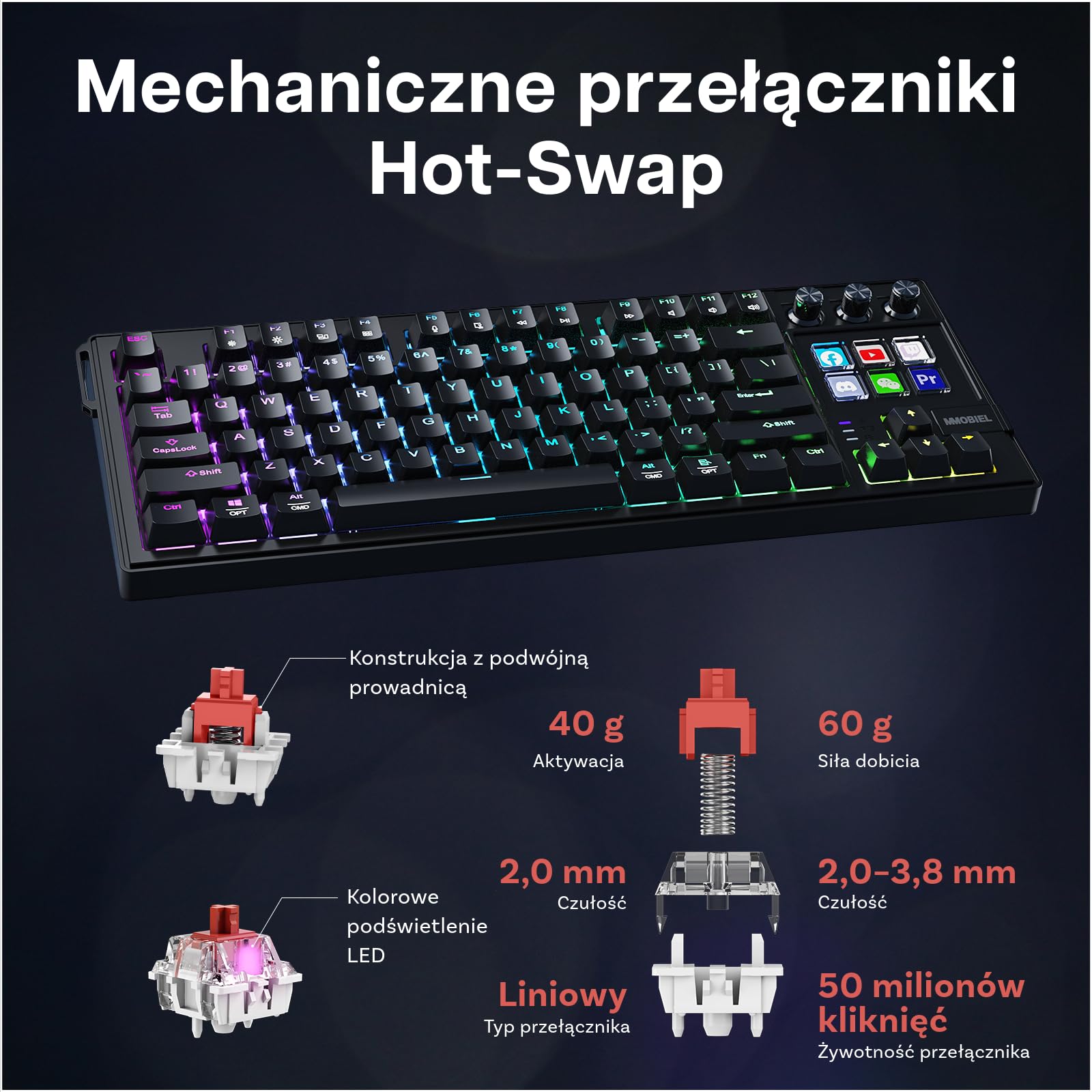 Mechaniczna Klawiatura do Stream Deck firmy MMOBIEL – QWERTY RGB, Hot-Swappable, 6 Programowalnych Klawiszy LCD i 3 Pokrętła Sterujące do OBS, Streamingu, Montażu, Produktywności – do Windows/macOS