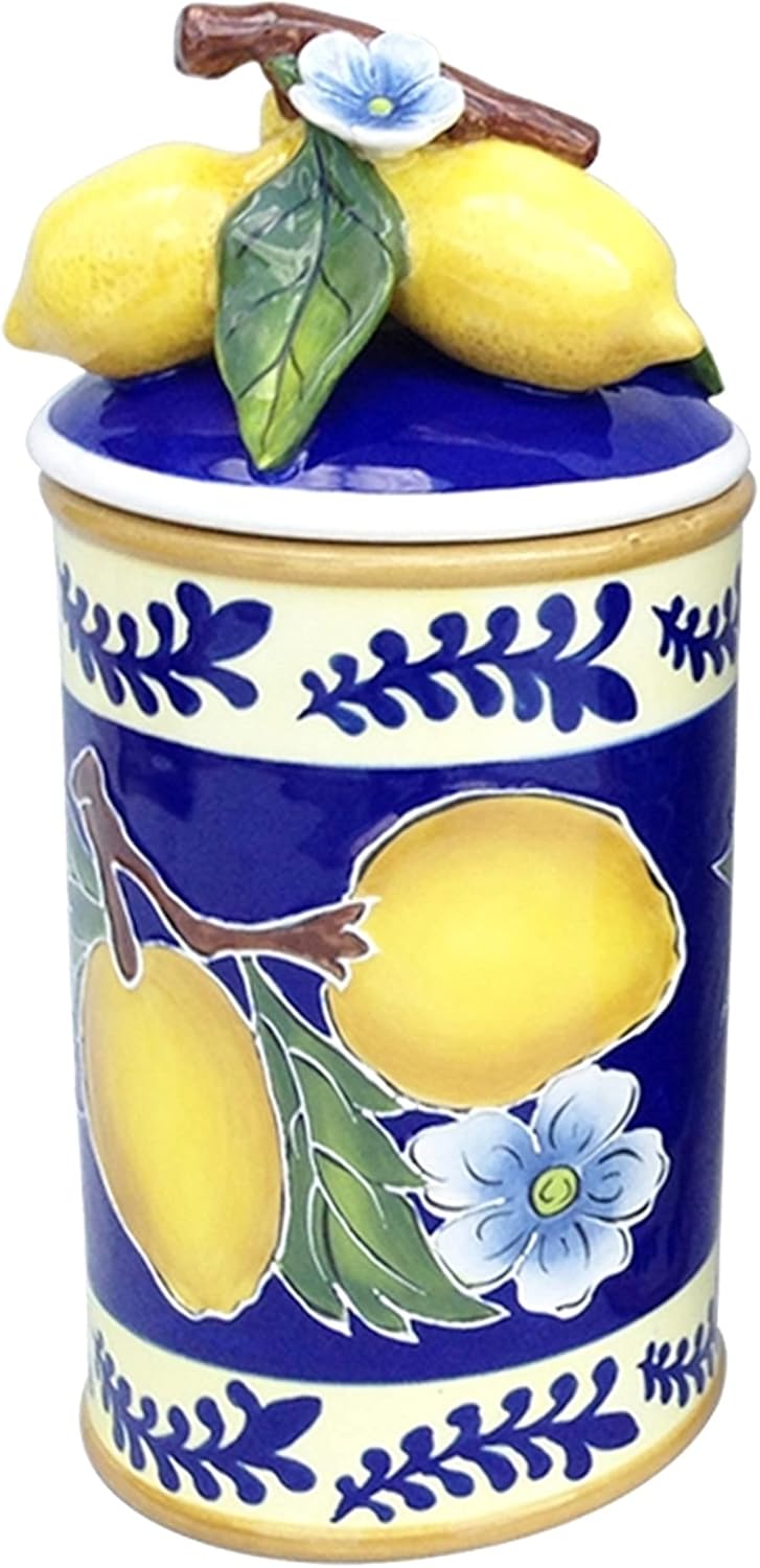 Blue Sky Ceramics Kiln Fired Clay Lemon Canister,Hand Casted & Hand Painted,Heavy Duty & Ceramic Storage,Perfect for Cookies,Dog Treats,Candy, Flour or Sugar Fruit Themed Decoration (Small)