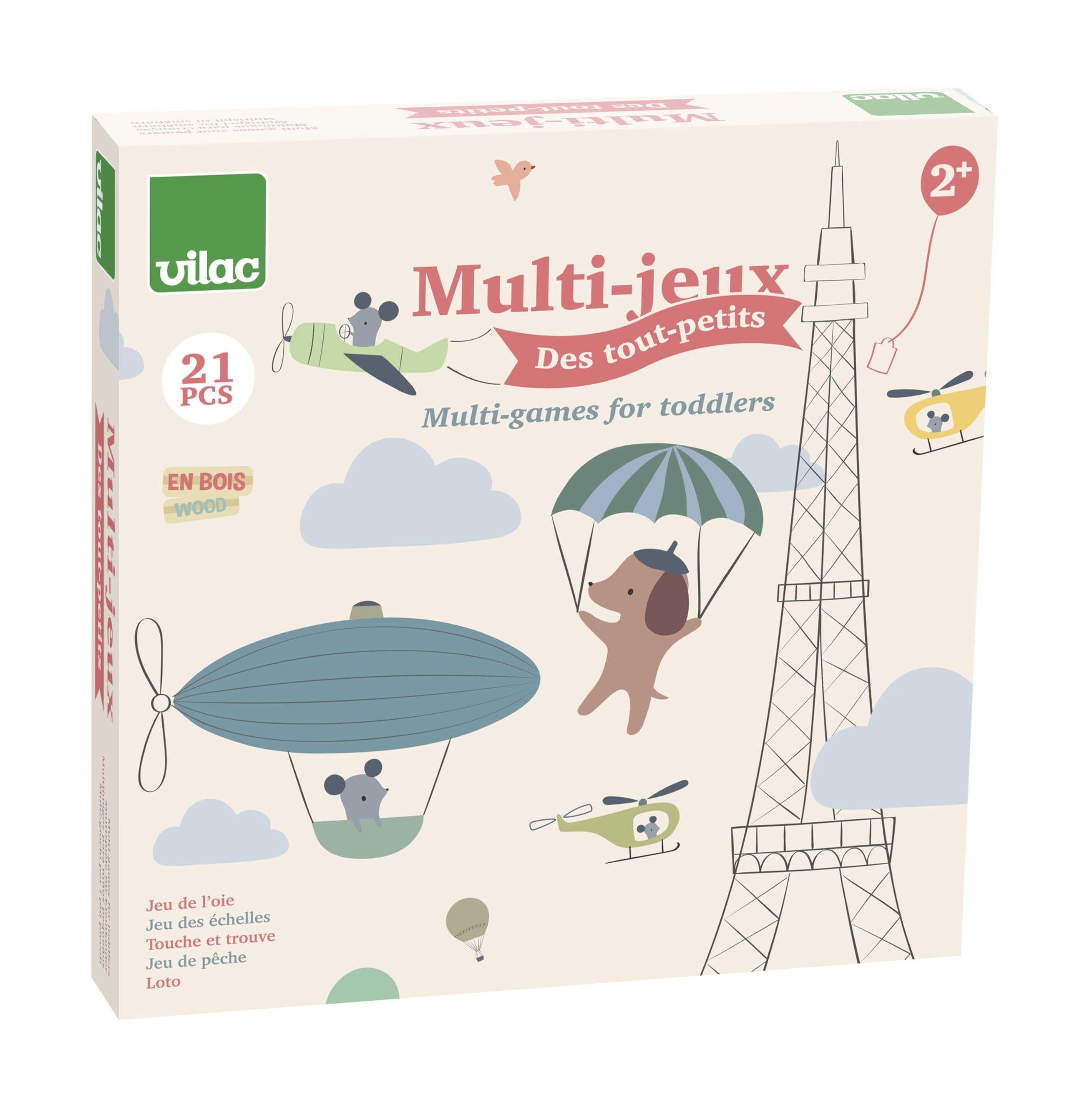 VILAC - Multi-Jeux des Tout-Petits - Sarah Betz - Jeux de Société - 1 Plateau de Jeu réversible en Bois - Jeux d'Eveil pour Enfant en Bois - Dès 2 Ans - 7117