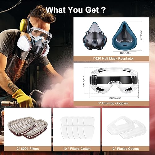 Miniatura 6 de Máscara respiradora de media cara con filtros, máscara de gas reutilizable con gafas antivaho, contra el polvovapor orgánicoproductos químicos,