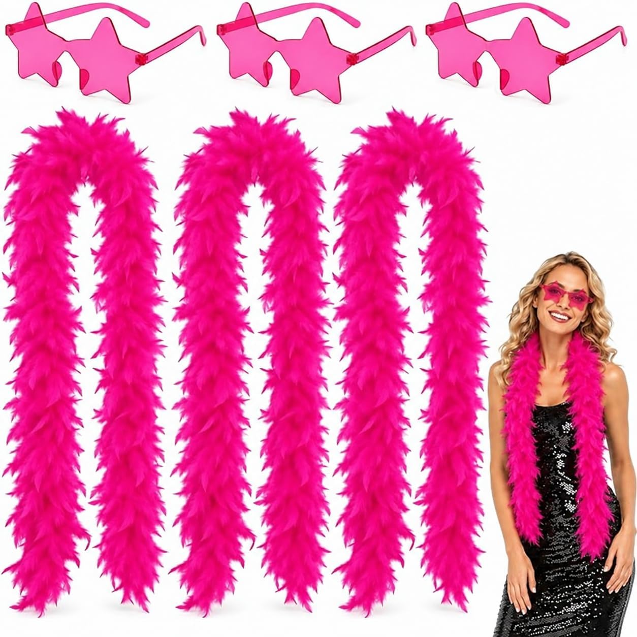 6 Piece Pink Feather Boa Set with Star Glasses for Carnival and Party
