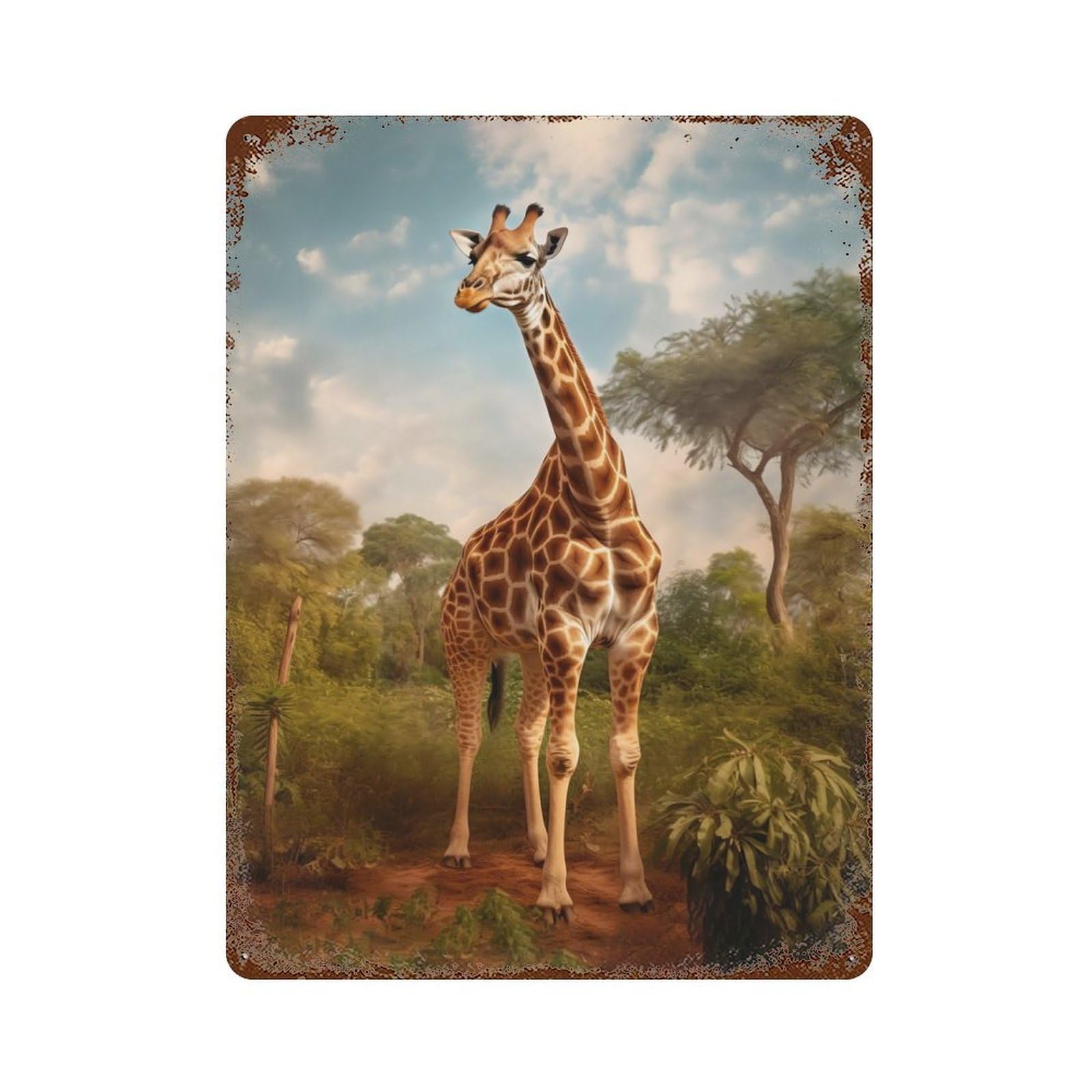 Rusty Metal Tin Sign Giraffe in Savannah 15.7"x11.8", Industrial Home Decor for Patio, Garden Room And Bar Decor
