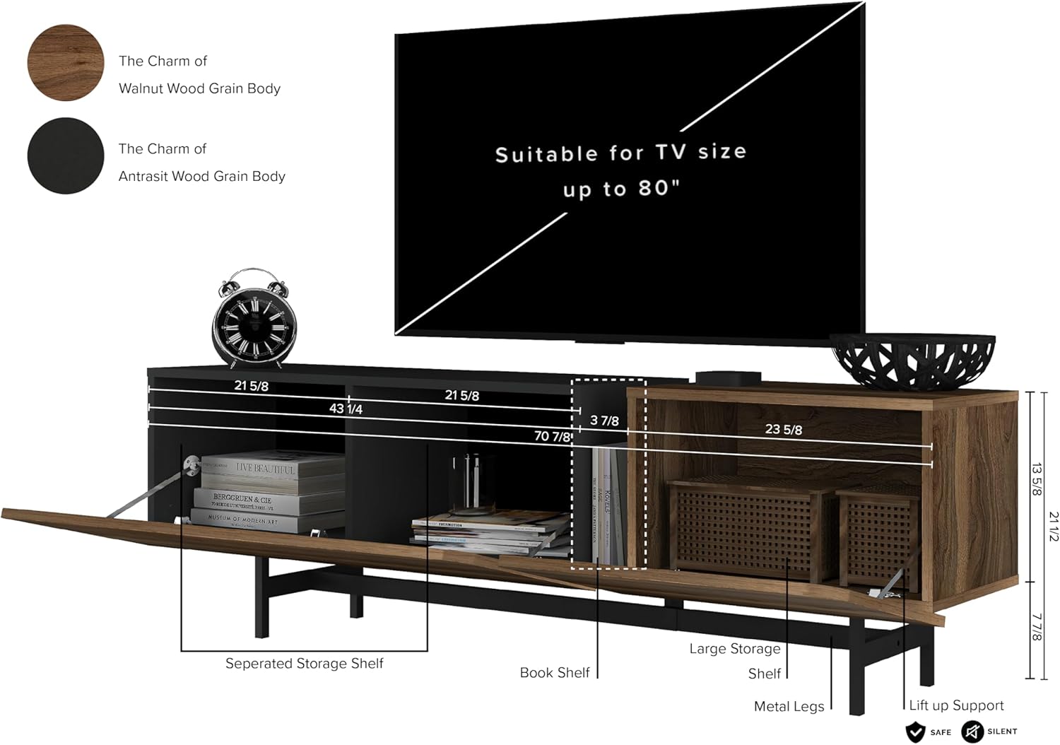 Atelier Mobili Mid Century Modern TV Stand Entertainment Center for 65+ inch tv, 72 inch TV Stand with Storage for Living Room, Farmhouse TV Stand for 75+ inch TV, Wood TV Stand for 80 inch TV