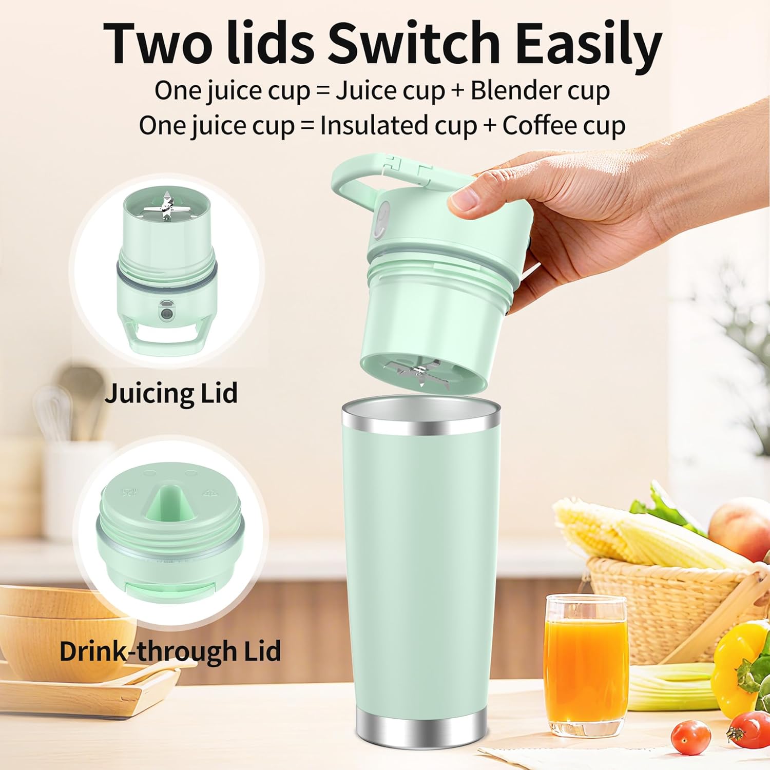 Portable Blender for Smoothies&Shakes 24oz Insulated Cup Cordless, Personal Small Licuadora Portatil With Stainless Steel Bottle, USB-C Rechargeable Travel Blender, BPA Free, for Juicing(Green)