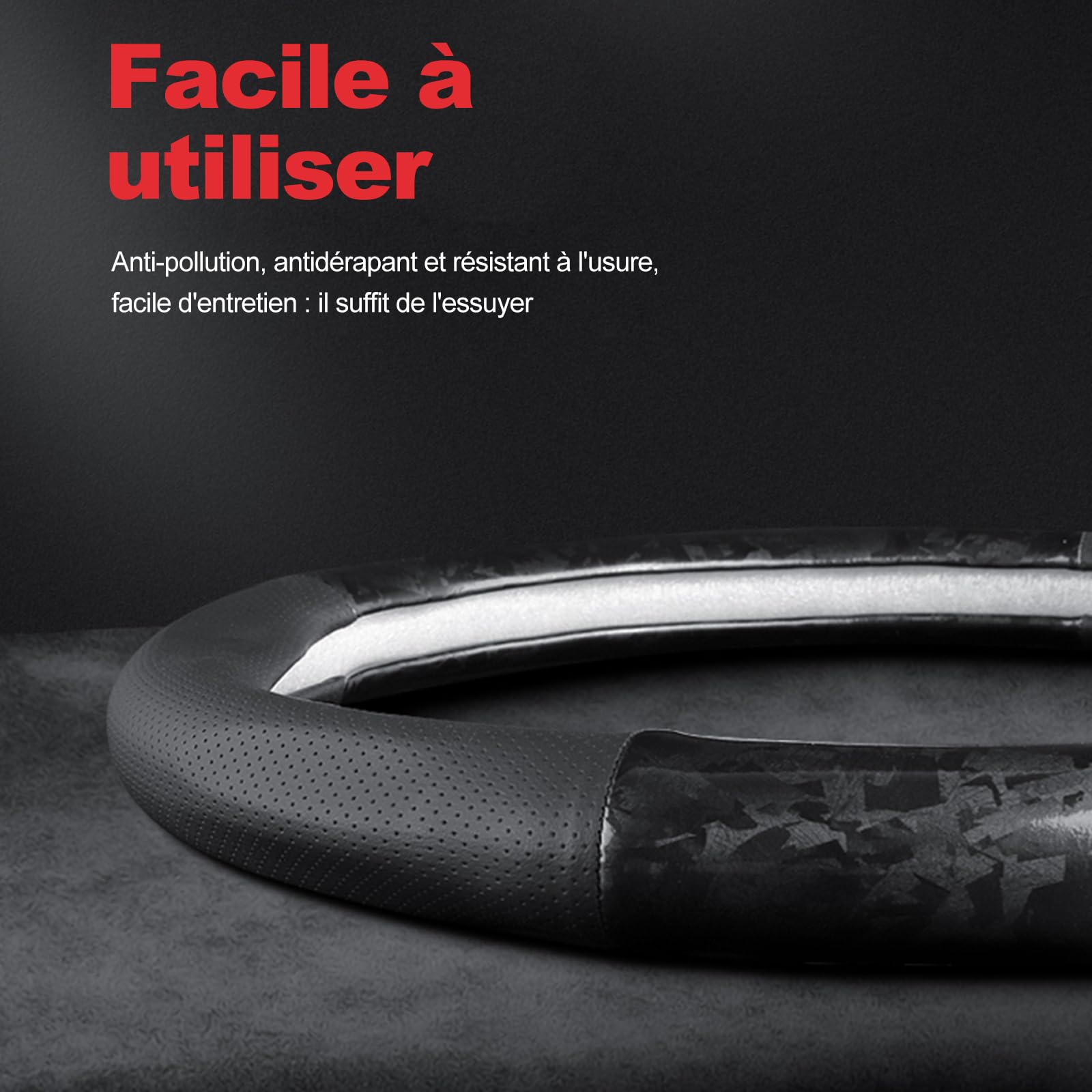 Ergocar Car Steering Wheel Sleeve, D-Type Forgeing Fibre De Carbone Et Manche De Volant en Cuir, 37-38 Cm / 14,5-15 Pouces, sans Glissement, Doux, Respirable,Style Sportif Moderne
