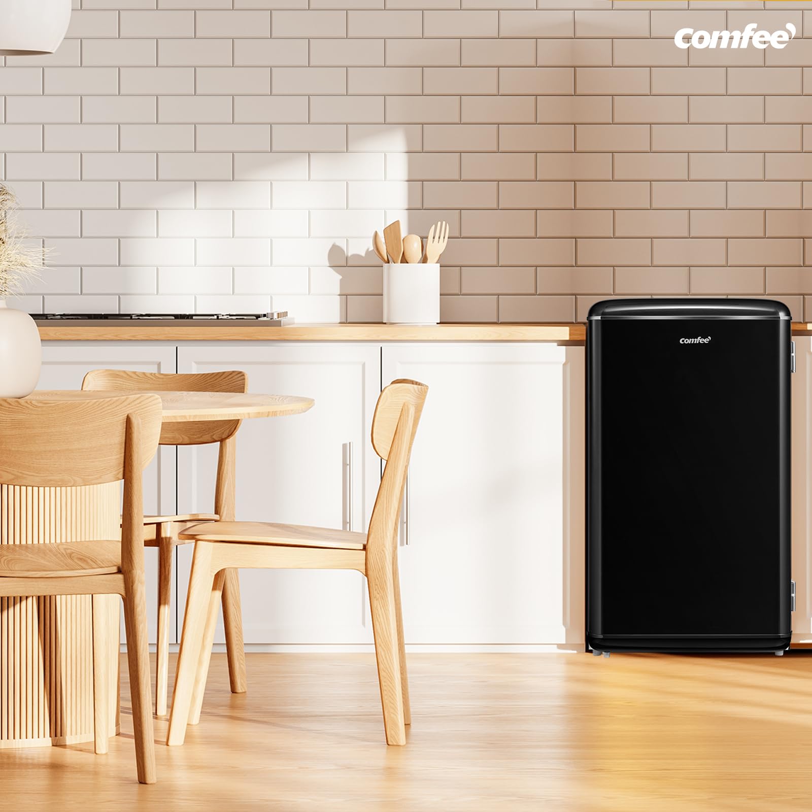 Comfee' 93L Refrigerador Bajo Encimera, Diseño Retro, Negro | Independiente con Compartimento Enfriador, Termostatos Ajustables, Luz LED, Ideal para Hogar y Oficina