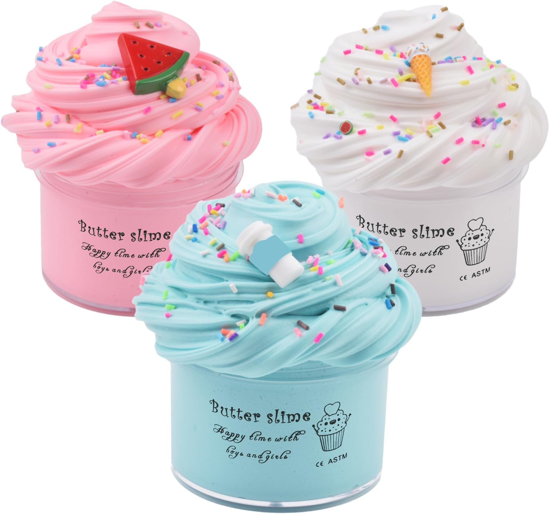 WUHUANIU Scented Slime Kit with 3 Pack Butter Slime,Pink Watermelon,White Ice Cream and Ocean Coffee for Girls and Boys,Super Soft and Non Sticky DIY Surprise Slime(3x100ml)