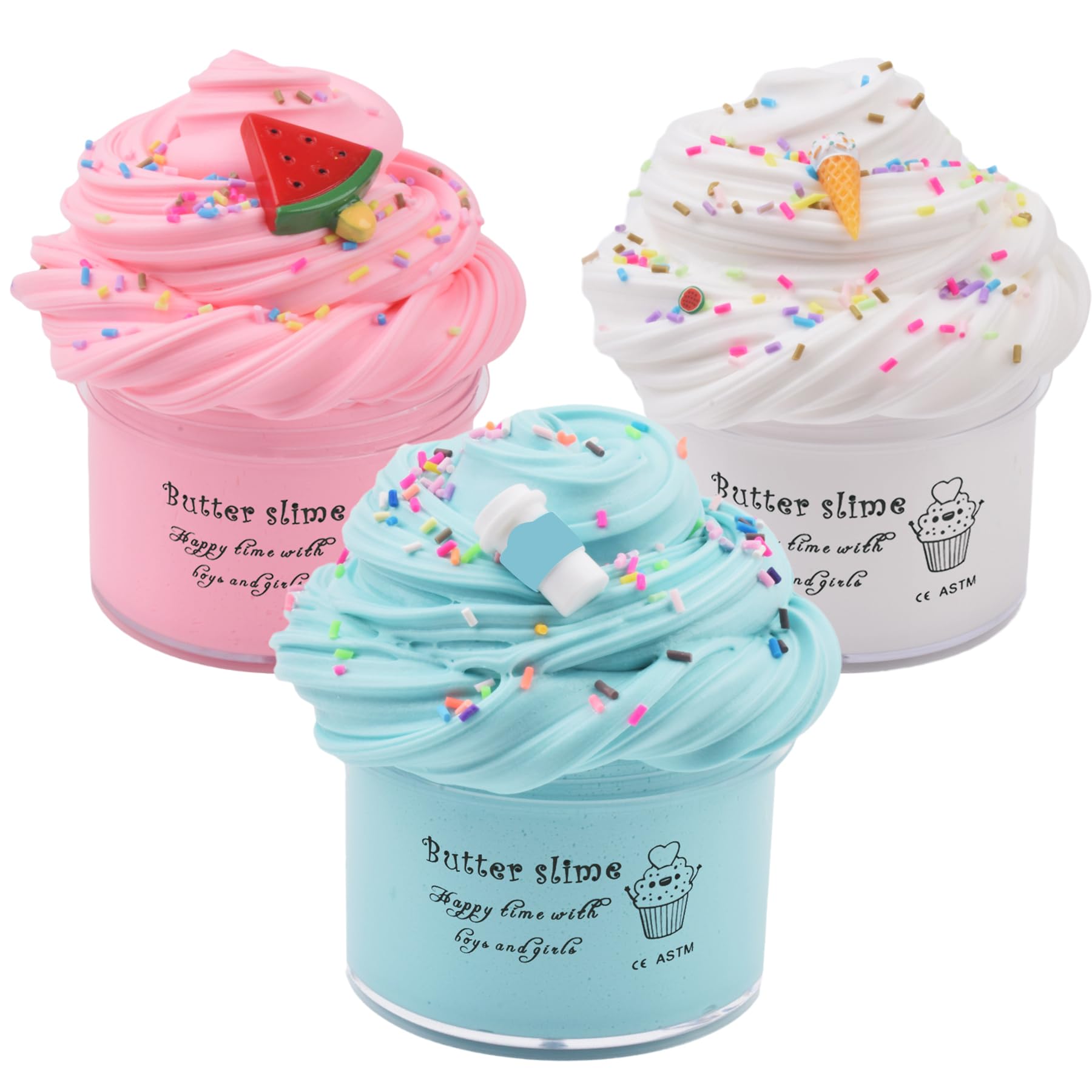 WUHUANIU Scented Slime Kit with 3 Pack Butter Slime,Pink Watermelon,White Ice Cream and Ocean Coffee for Girls and Boys,Super Soft and Non Sticky DIY Surprise Slime(3x100ml)Carbonfree Certified