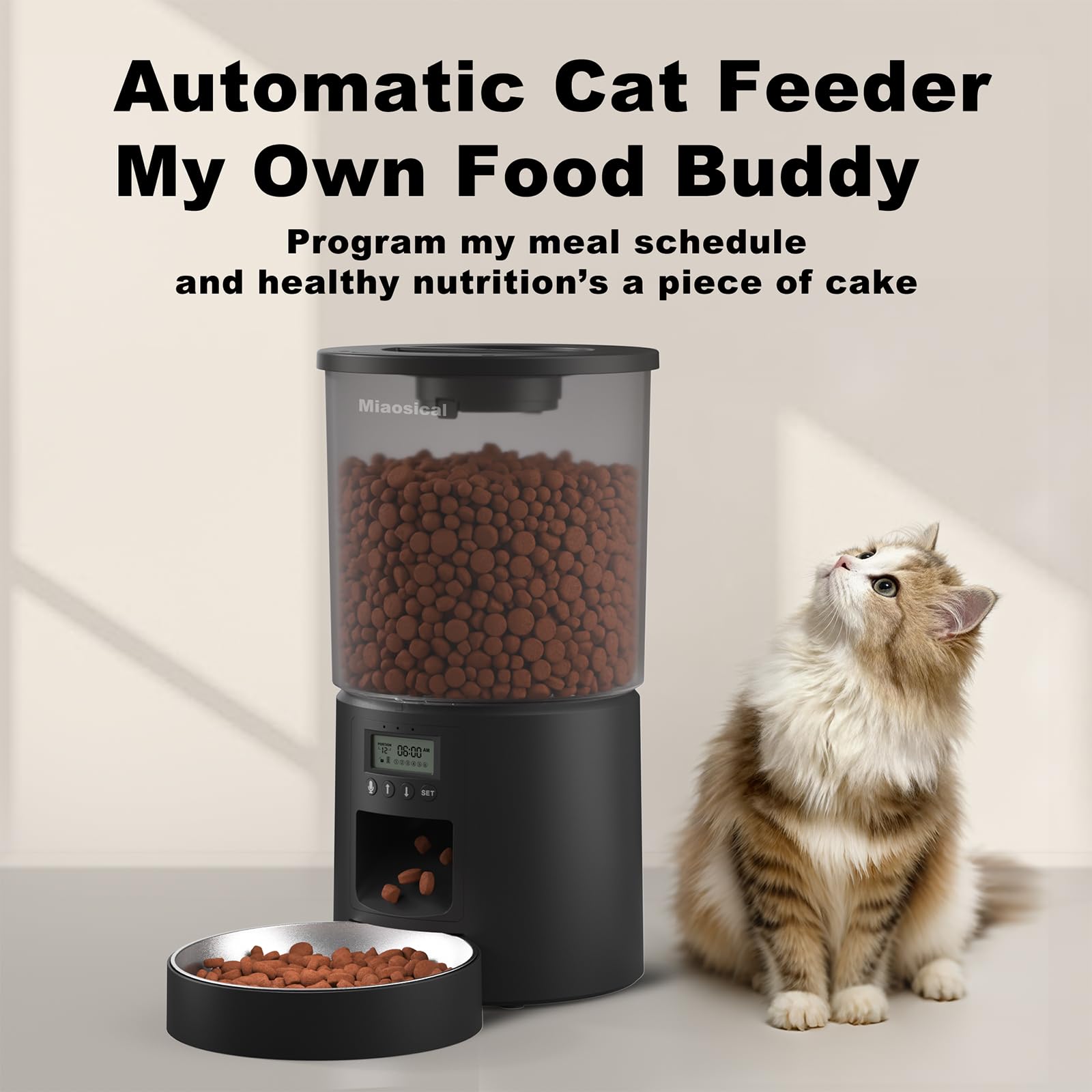 Automatic Cat Feeder 4.2L,6 Meals/Day,Dual Power Portion Control Feeder,Dry Pet Food Auto Dispenser,Timer Setting,10S Voice Record (Transparent Black, Stainless Steel Bowl) - image 2