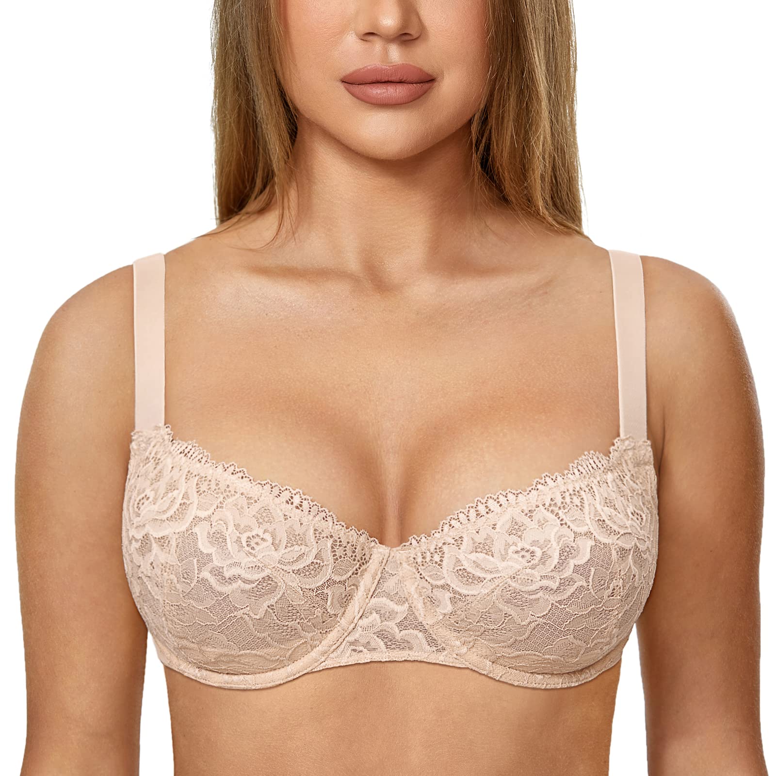 Delimira Women's Balconette Bra Push Up Underwire Unlined Sexy See Through Bras Plus Size Beige 38C