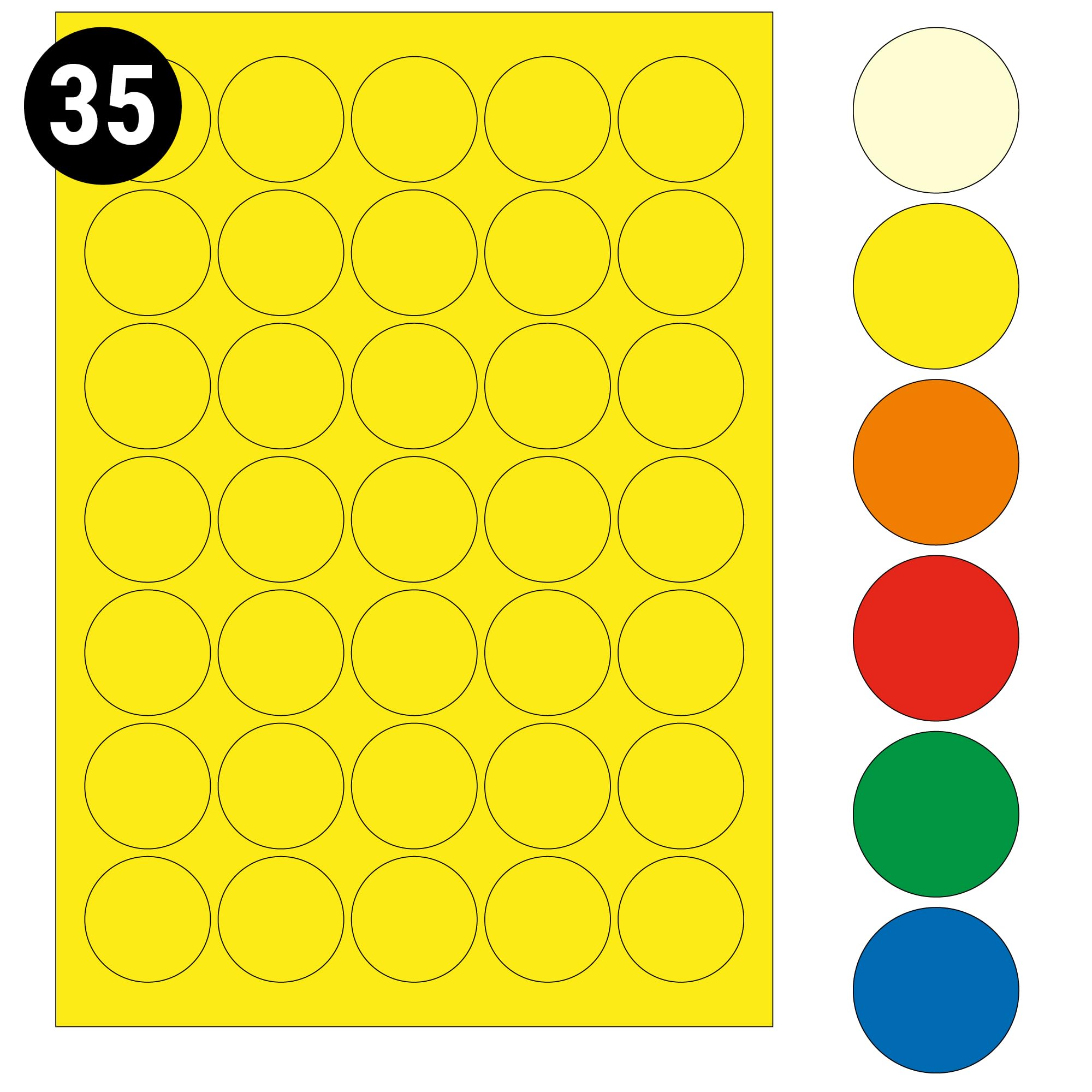 L&B Colour Range - Round Labels โ 10 Sizes & 7 Vibrant Colors โ A4 Sheet โ Compatible with Laser & Inkjet Printers (Yellow, 37mm 35 Labels Per Sheet 50 Sheets)