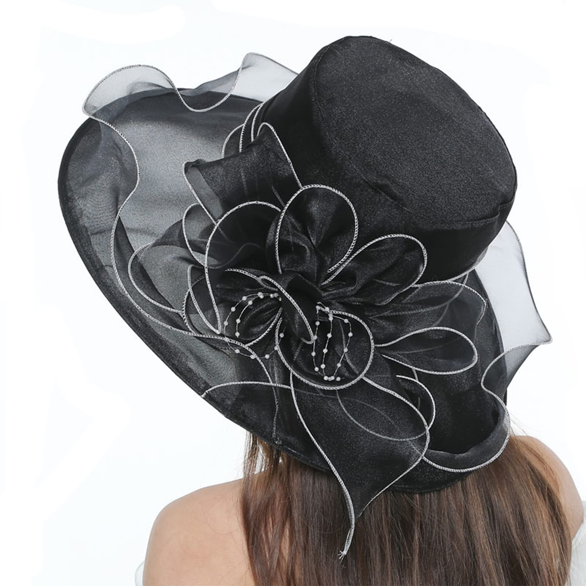 YUEMING Mujeres de Sol Sombrero,Sombrero de Organza para Mujer, Cinta Floral de ala Ancha para Damas, Derby Iglesia Vestido Sombrero Bucket Boda Bowler Sombreros