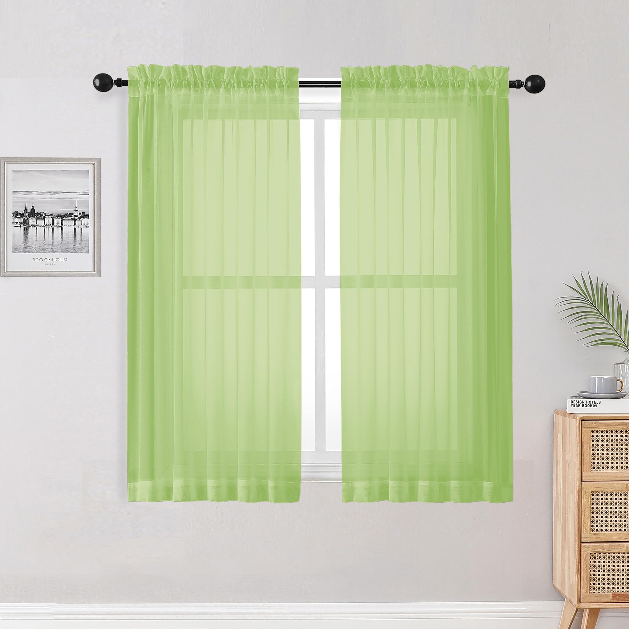 Lime Sheer Curtains for Bedroom Living Room 54 Inch Length 2 Panels Set, Soft Solid Light Filtering Sheer Short Curtains for Small Window, 2 Pcs Total 84 Width 54 Long, Lime