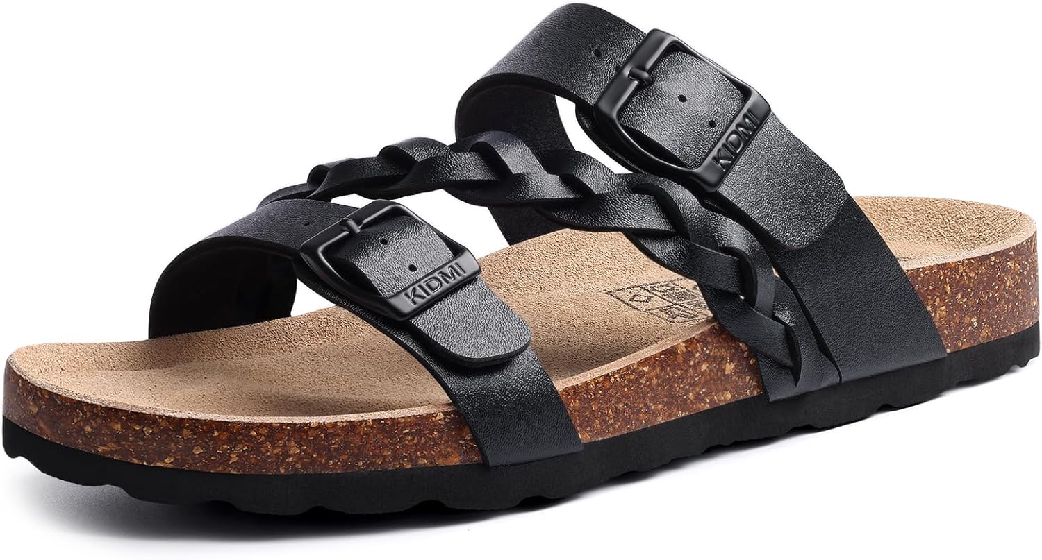KIDMI Women's Cork Footbed Sandals with Arch Support Comfortable Slip-On Slide Sandals With Adjustable Buckle for Summer