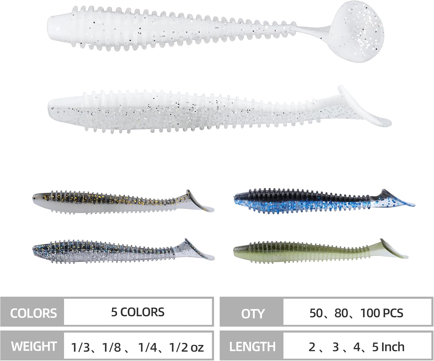 Paddle Tail Swimbaits 100/80/50PCS, 5/4/3/2 inch Soft Plastic Fishing Baits Bulk Pack – Durable Lifelike Action Lures for Bass, Trout, Crappie – Freshwater & Saltwater Fishing Gifts