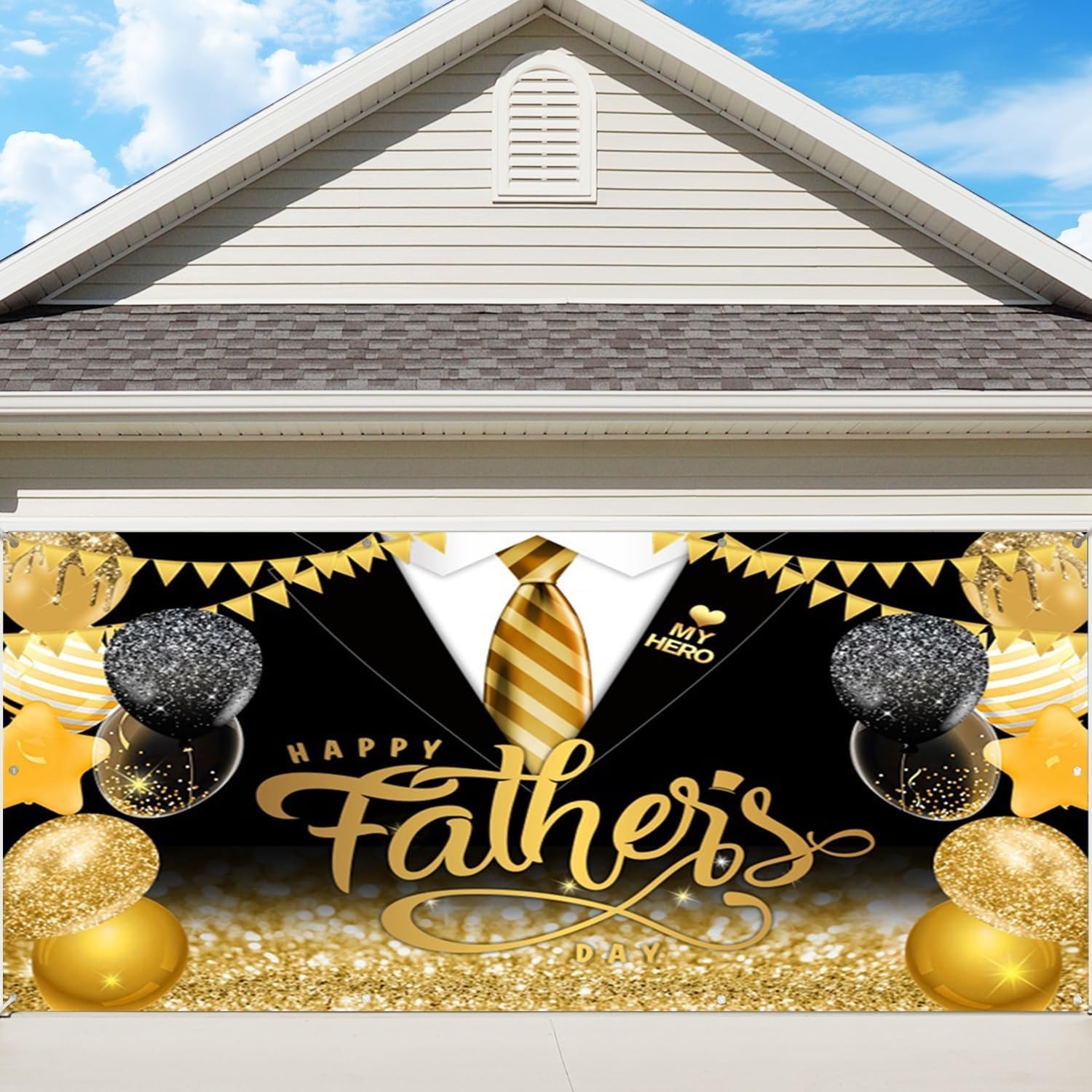 OERJU Happy Father's Day Garage Door Banner Cover Mural Fathers Day Garage Door Decorations Black Gold Glitter Balloon Suit Tie I Love Dad Thank You Daddy Festival Party Hanging Backdrop 7x16ft