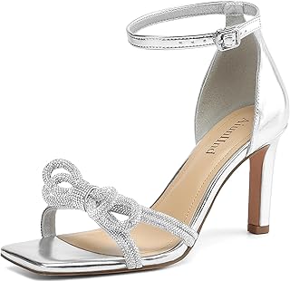 Women's Double Bowknots Heels Square Open Toe Ankle Strap Rhinestone Dress Shoes for Party Wedding - Buy now