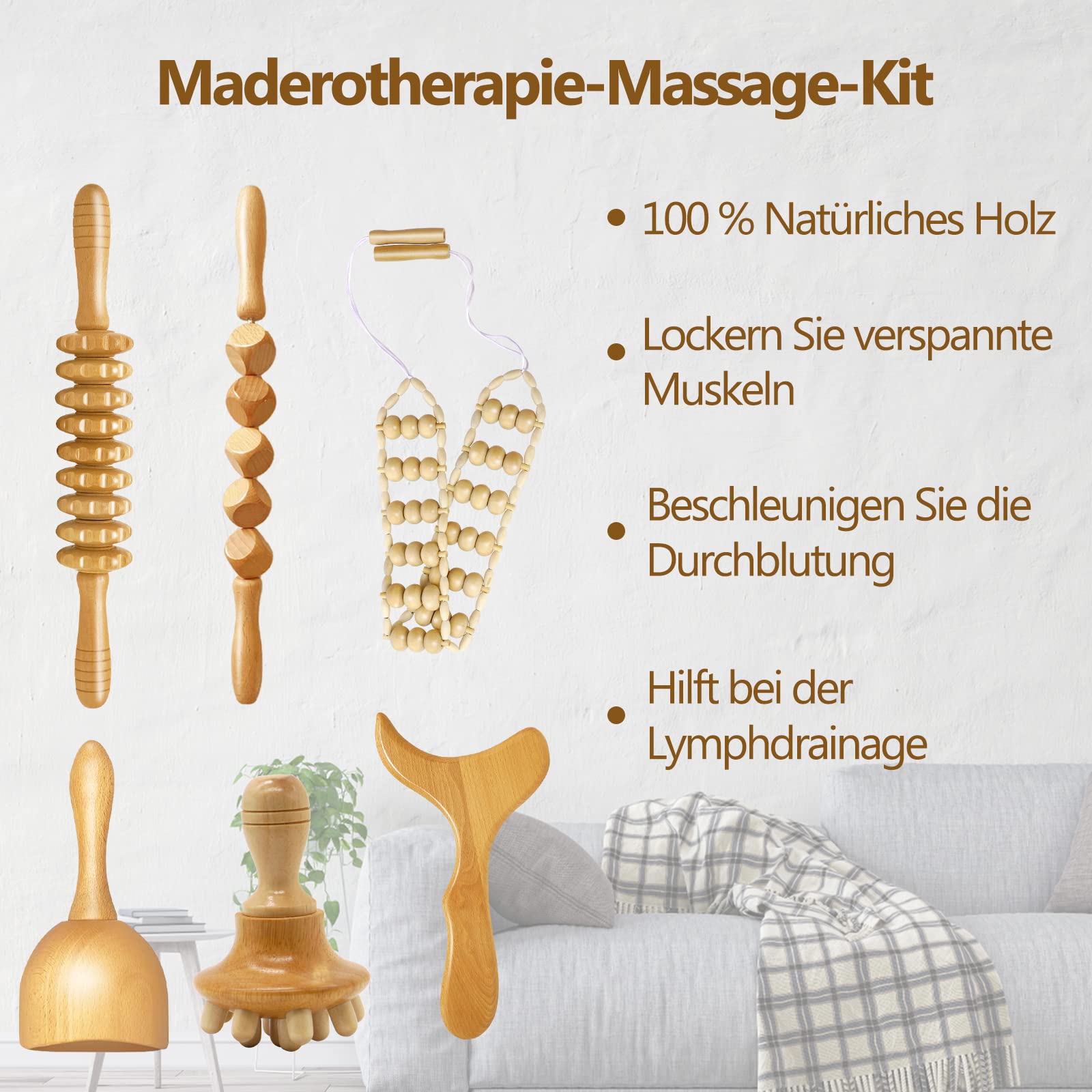 6 in 1 Maderotherapie Set, Anti Cellulite Massagegerät Holz, Massageroller Faszienrolle Gua Sha Becher Massage Set, Lymphdrainage Körper Massage Tools, Stress Abbauen und Entspannung