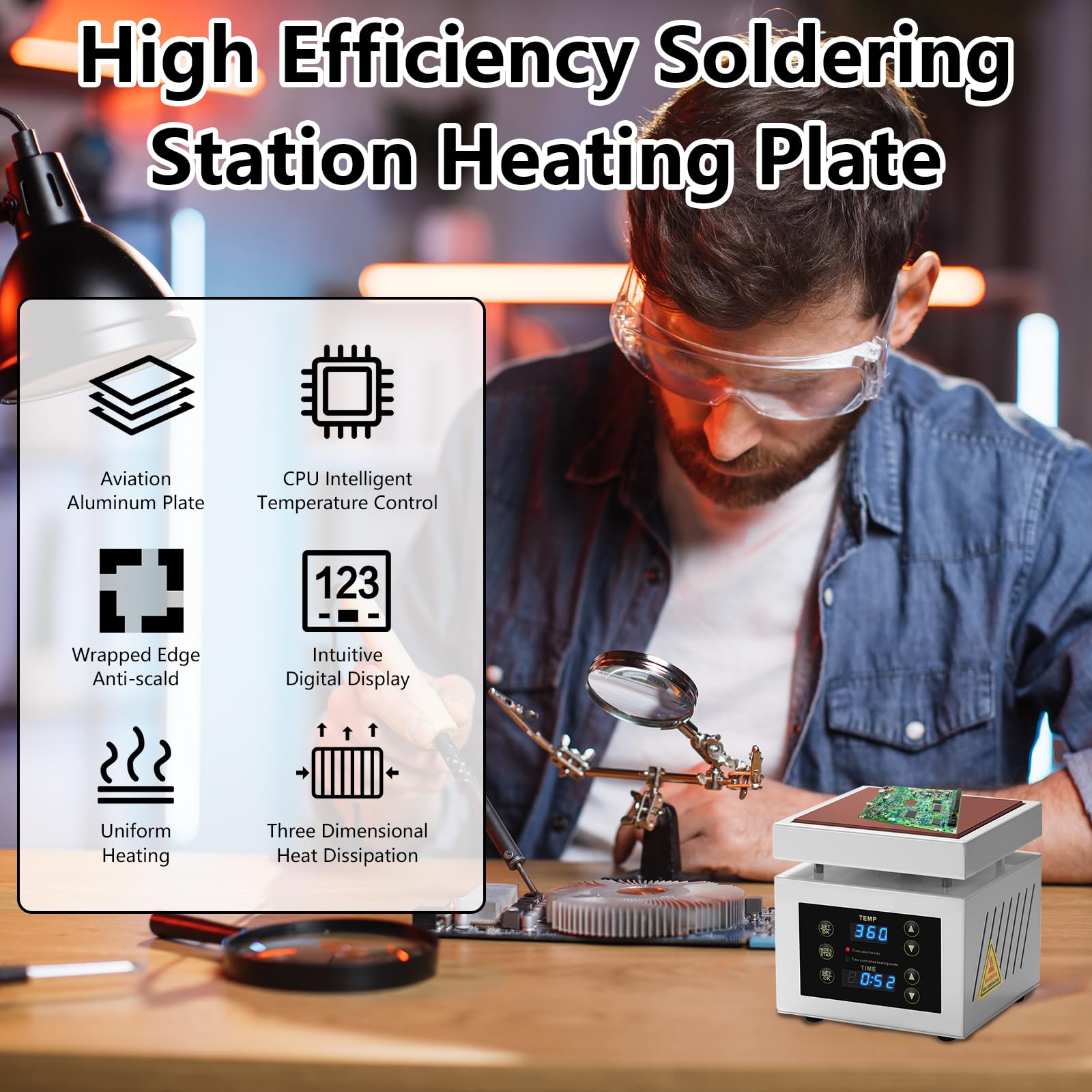 Lötstation Heizplatte, 350W Mikrocomputer Elektrische Heizplatte mit LED Anzeige Temperatur Einstell 0-400°C, 100X100mm Elektrische Löt Heizplatte Lötstation für Reparieren Handy Bildschirmen