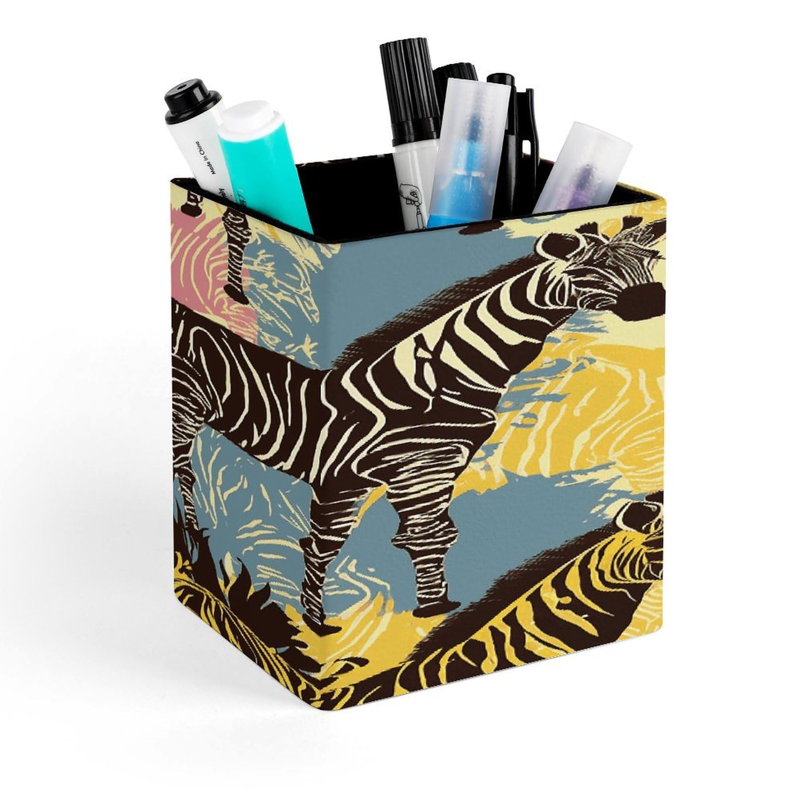JTREHY Giraffe And Zebra Pen Holder Square Pen Pencil Holder Makeup Brush Holders Cup PU Leather Pencil Cups Desktop Caddy Stationery Organizer Case Office Accessories Container Box