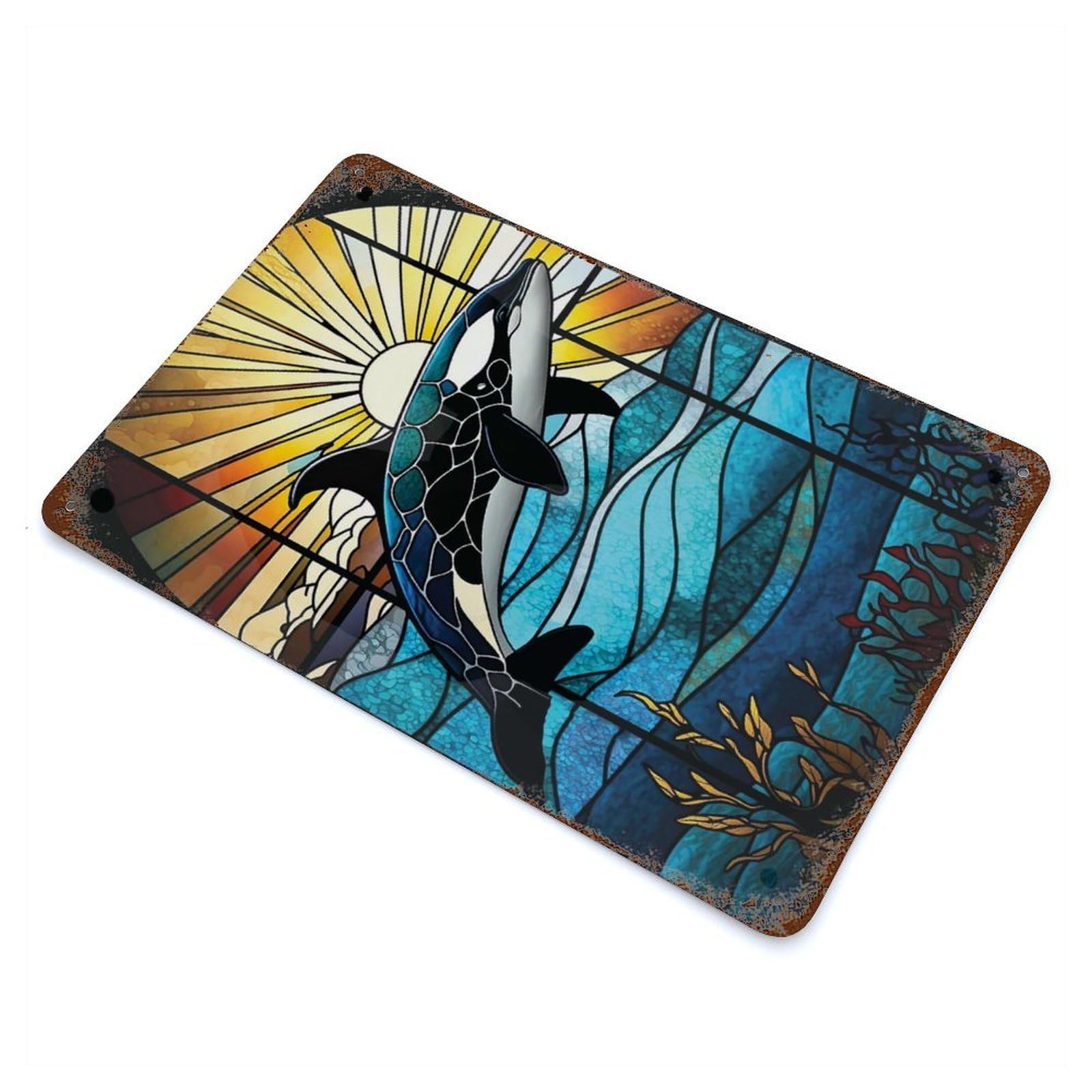 Garage Style Orca Stained Glass Rusty Metal Tin Sign 11.8"x7.9", Industrial Home Decor for Bar And Workshop