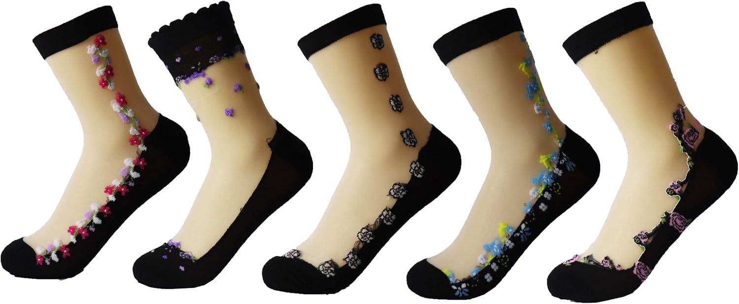 Women Sheer Transparent Lace Embroidery Panel Crystal Sparkly Socks 5 Pack